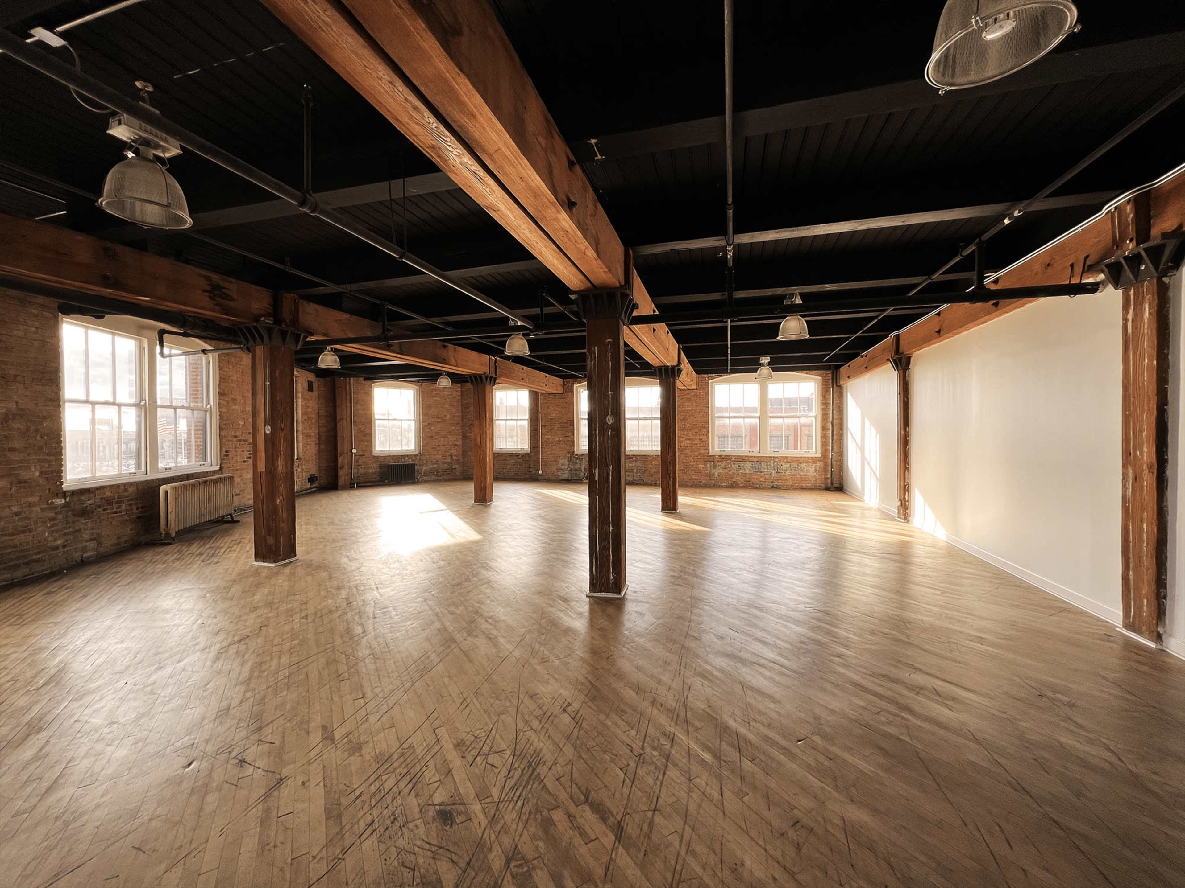 A large, open room features wooden pillars and large windows with natural light illuminating the polished wooden floor.