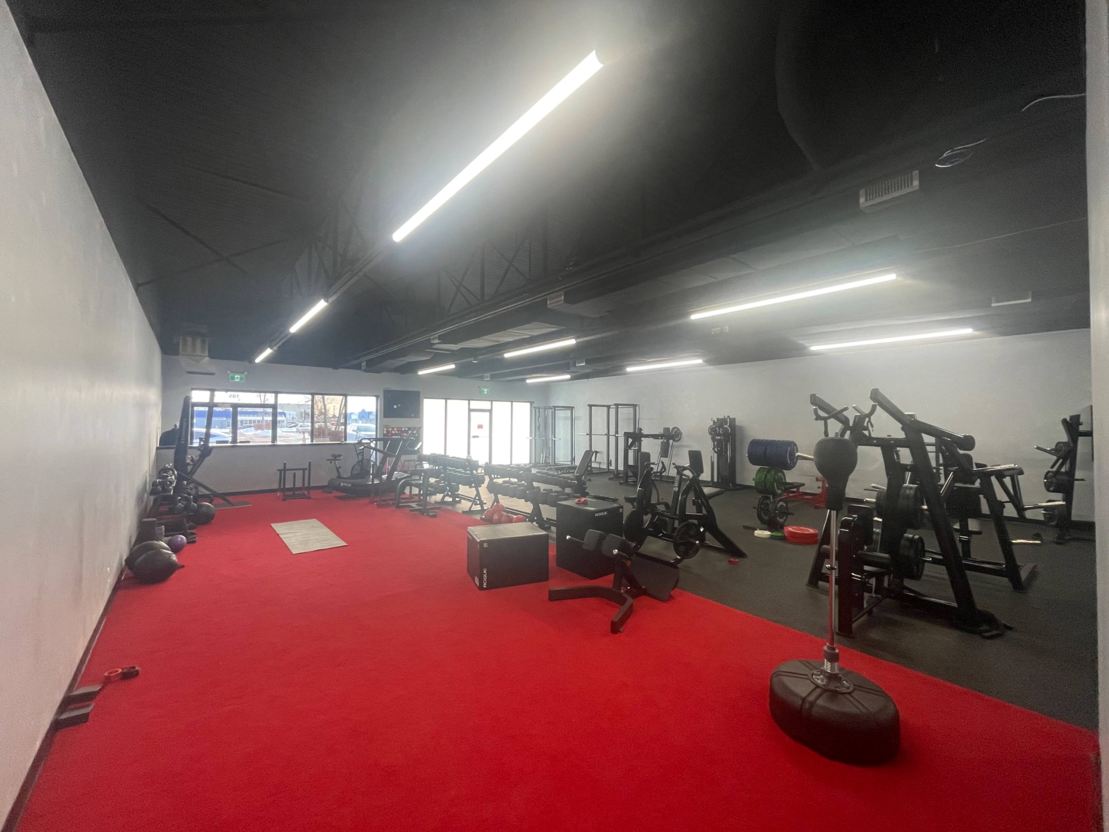 A spacious gym with red carpeting, equipped with various weightlifting machines and exercise equipment.