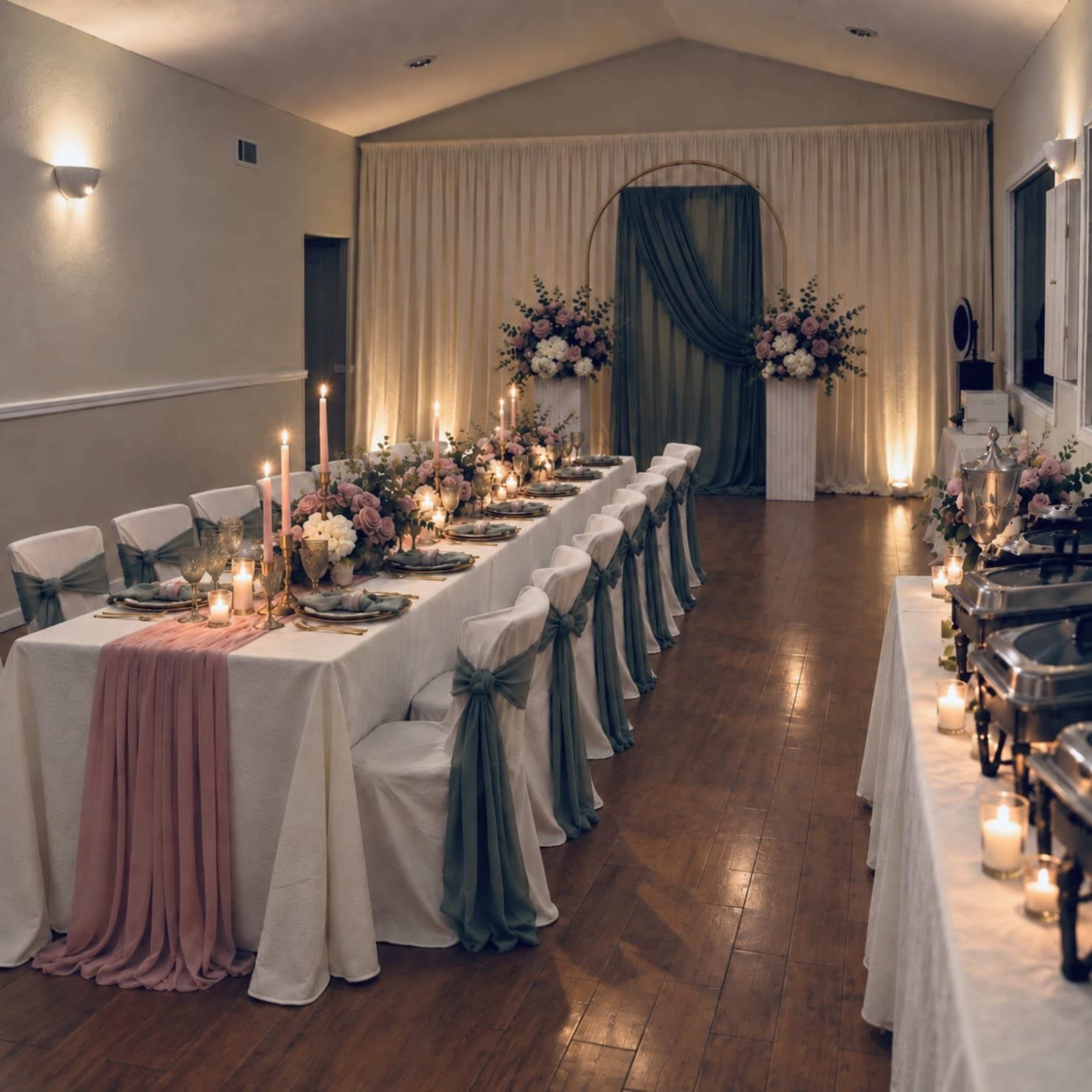 A formal dining setup features long tables with cream tablecloths adorned with floral centerpieces, candles, and decorative drapes in a tastefully arranged venue.