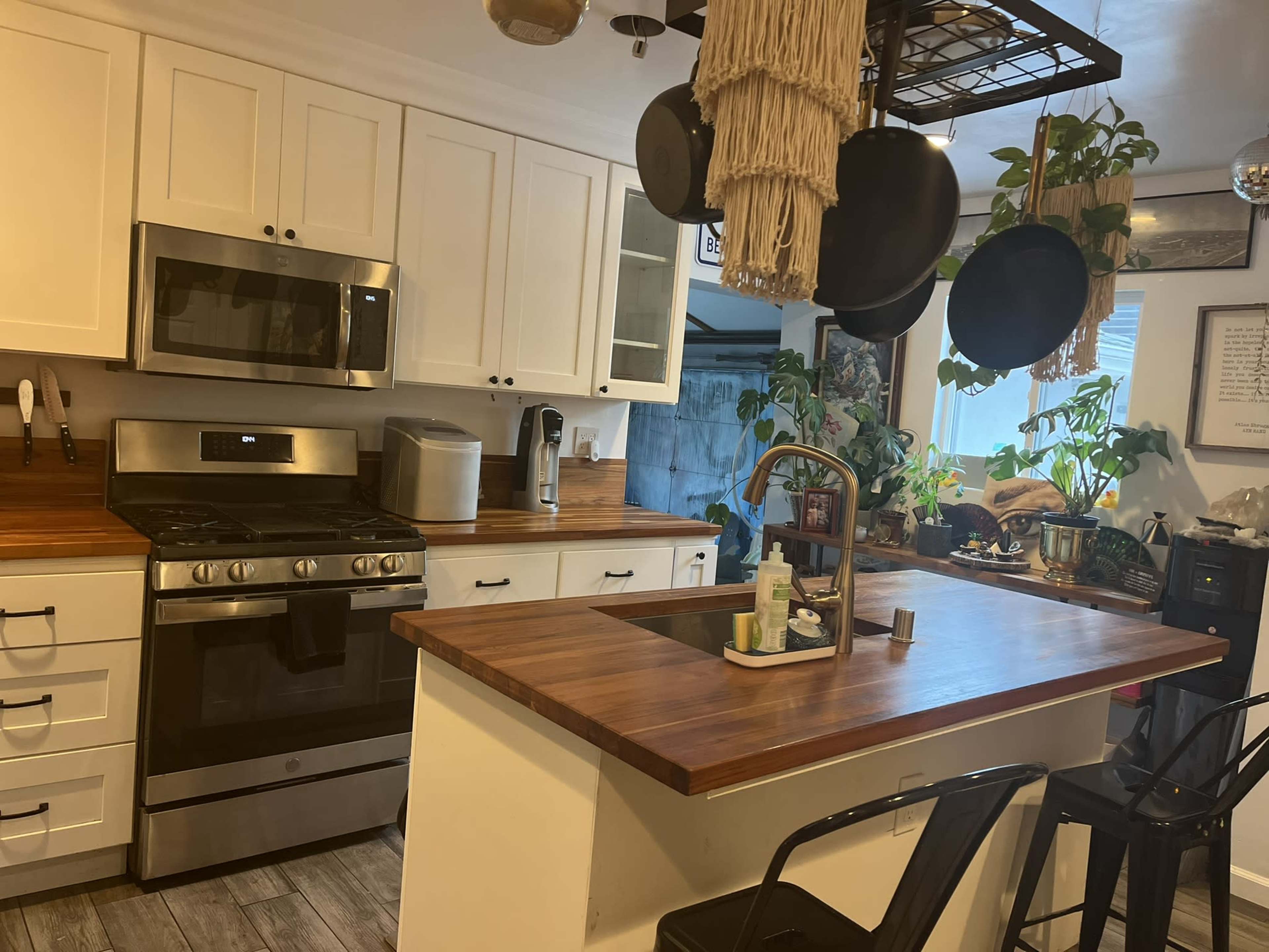 A modern kitchen with white cabinets, stainless steel appliances, a wooden countertop, and hanging pots along with various plants on display.
