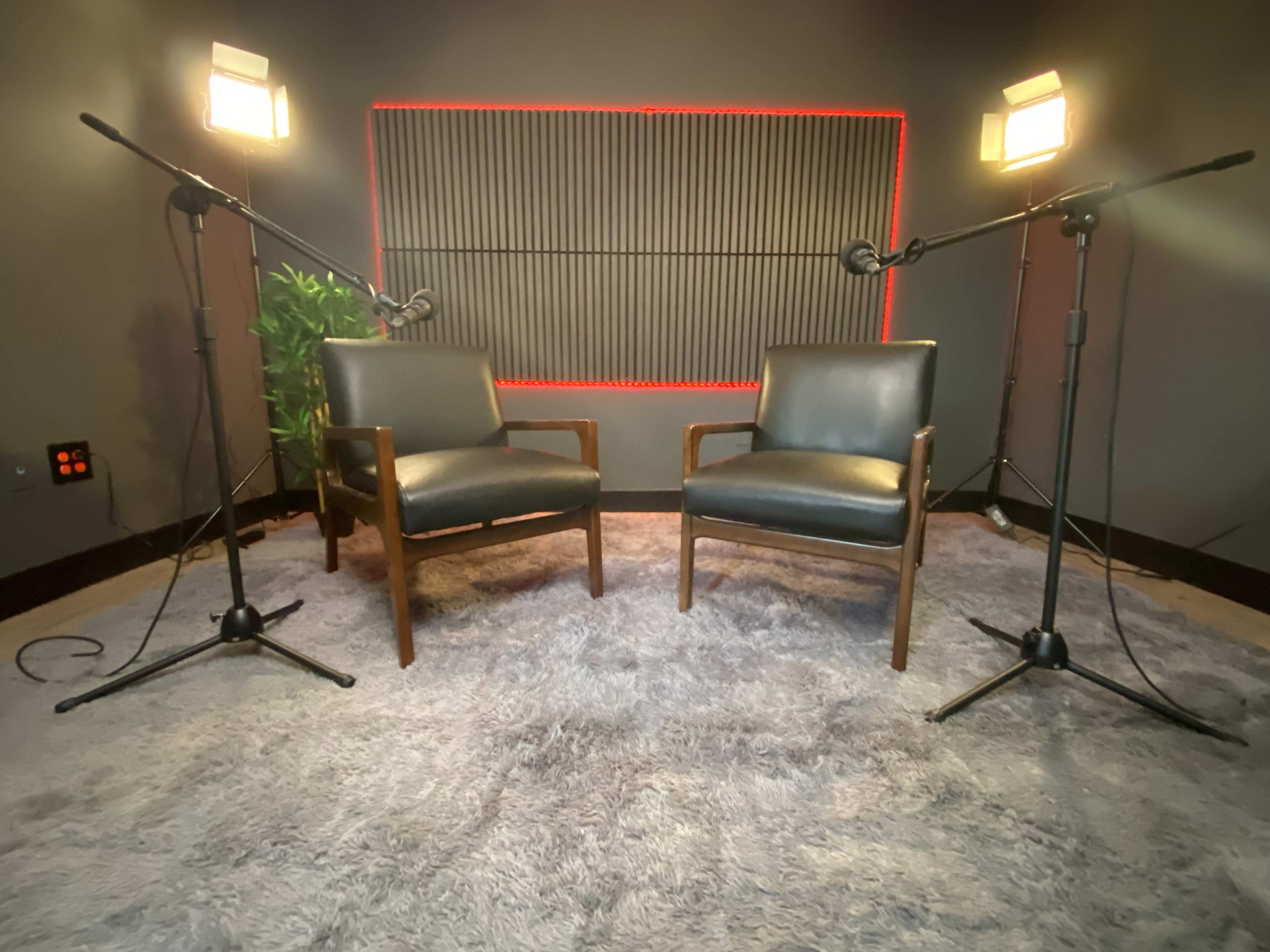 A recording studio setup features two chairs facing each other, each positioned near a microphone on a stand, with soft lighting and a textured wall in the background.