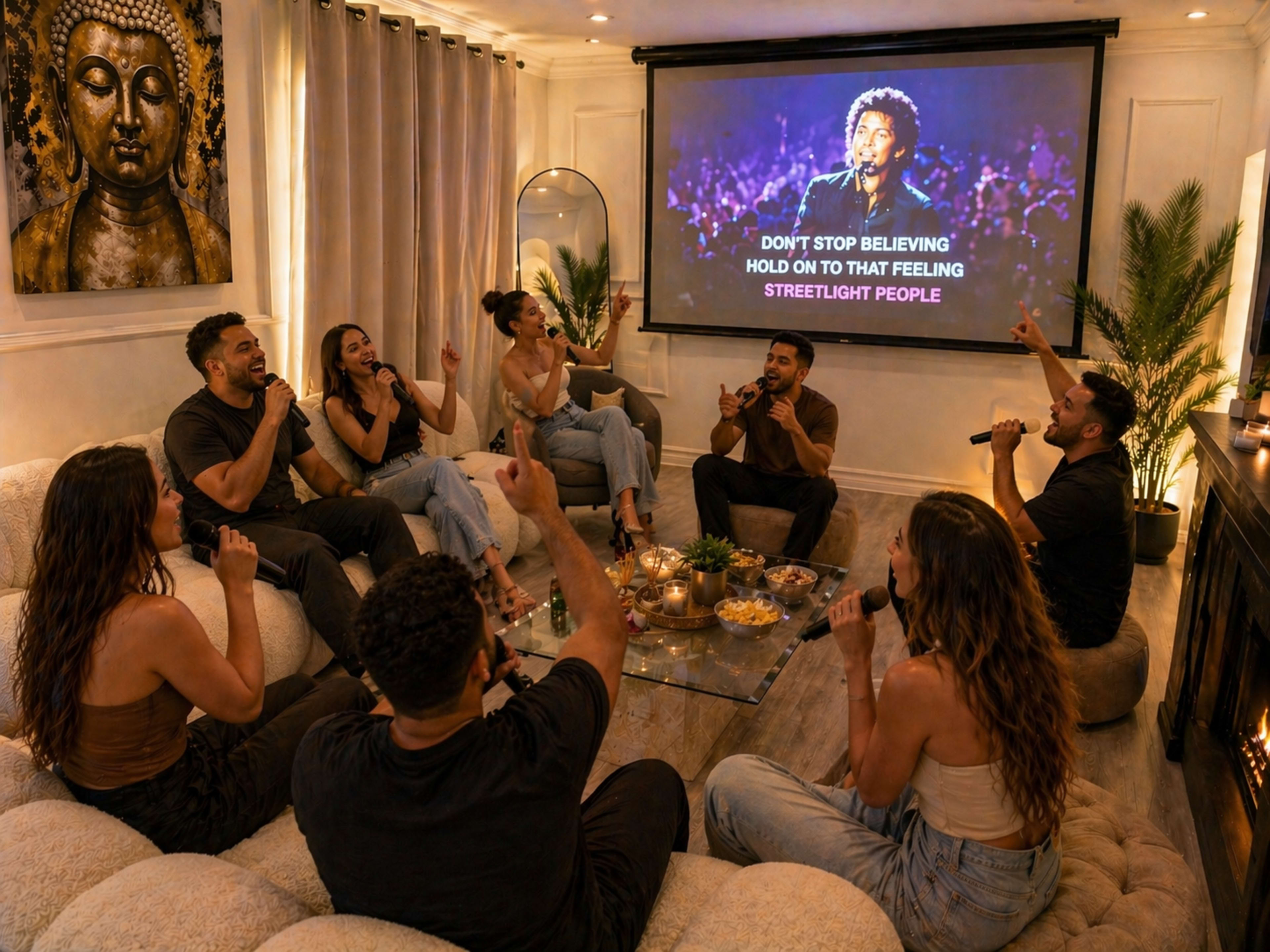 A group of seven people is singing karaoke in a stylishly decorated living room.