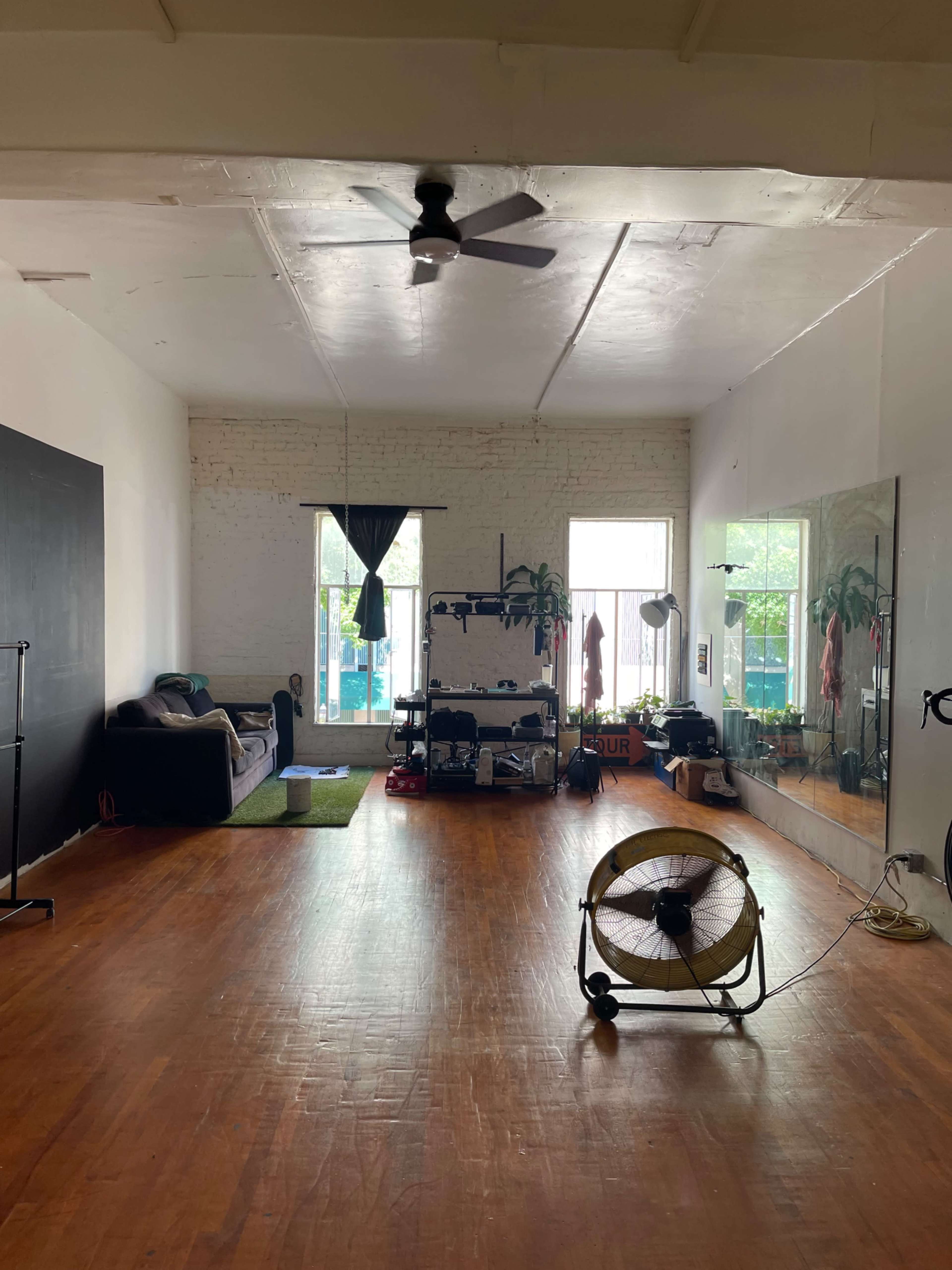 The image shows a spacious, well-lit room featuring a couch, a fan, and a large mirror, with plants and sunlight coming through the windows.