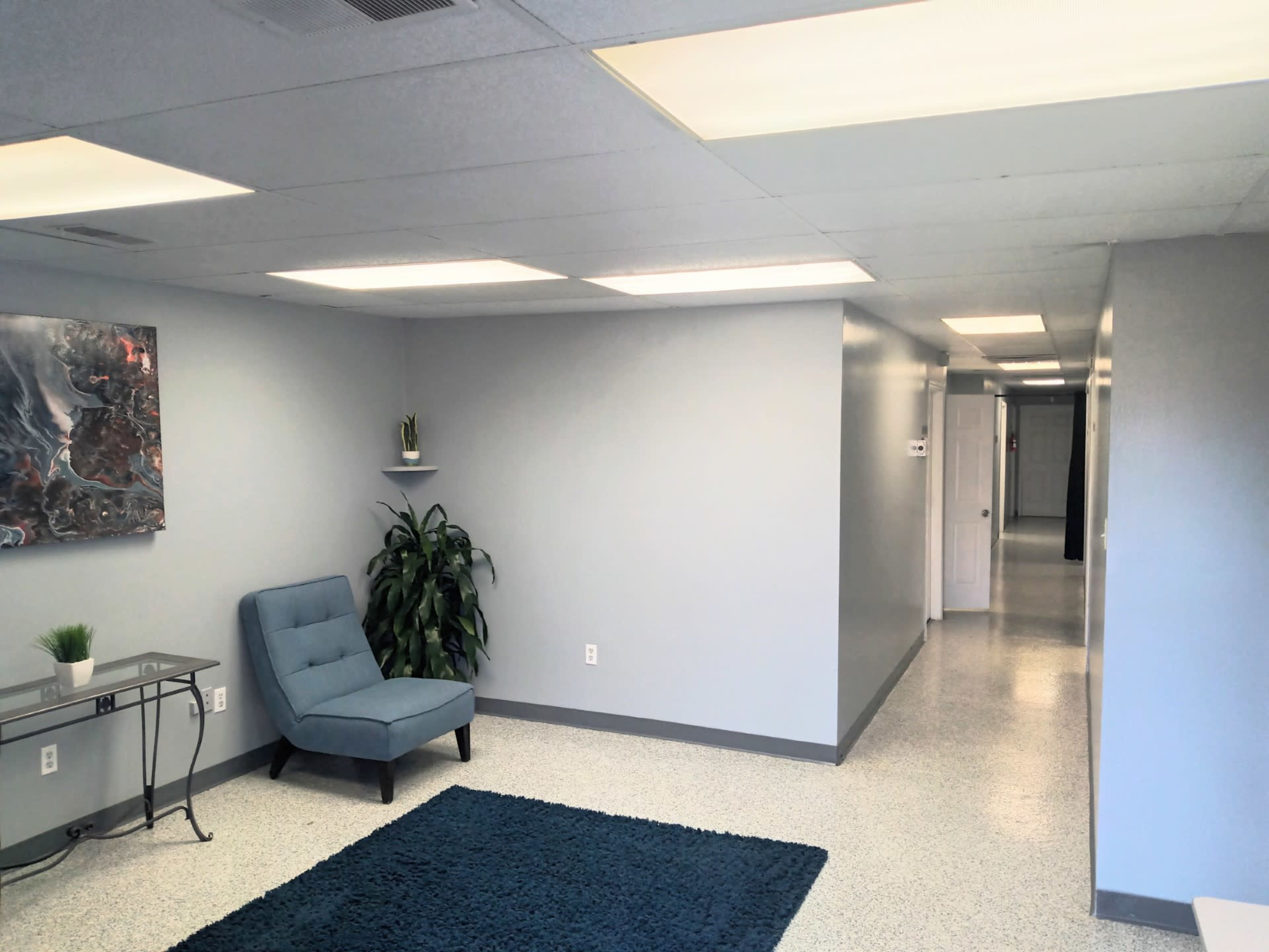 A spacious, well-lit interior features a gray wall, a blue area rug, a small table with a plant, and a single blue chair beside a hallway that leads to other rooms.