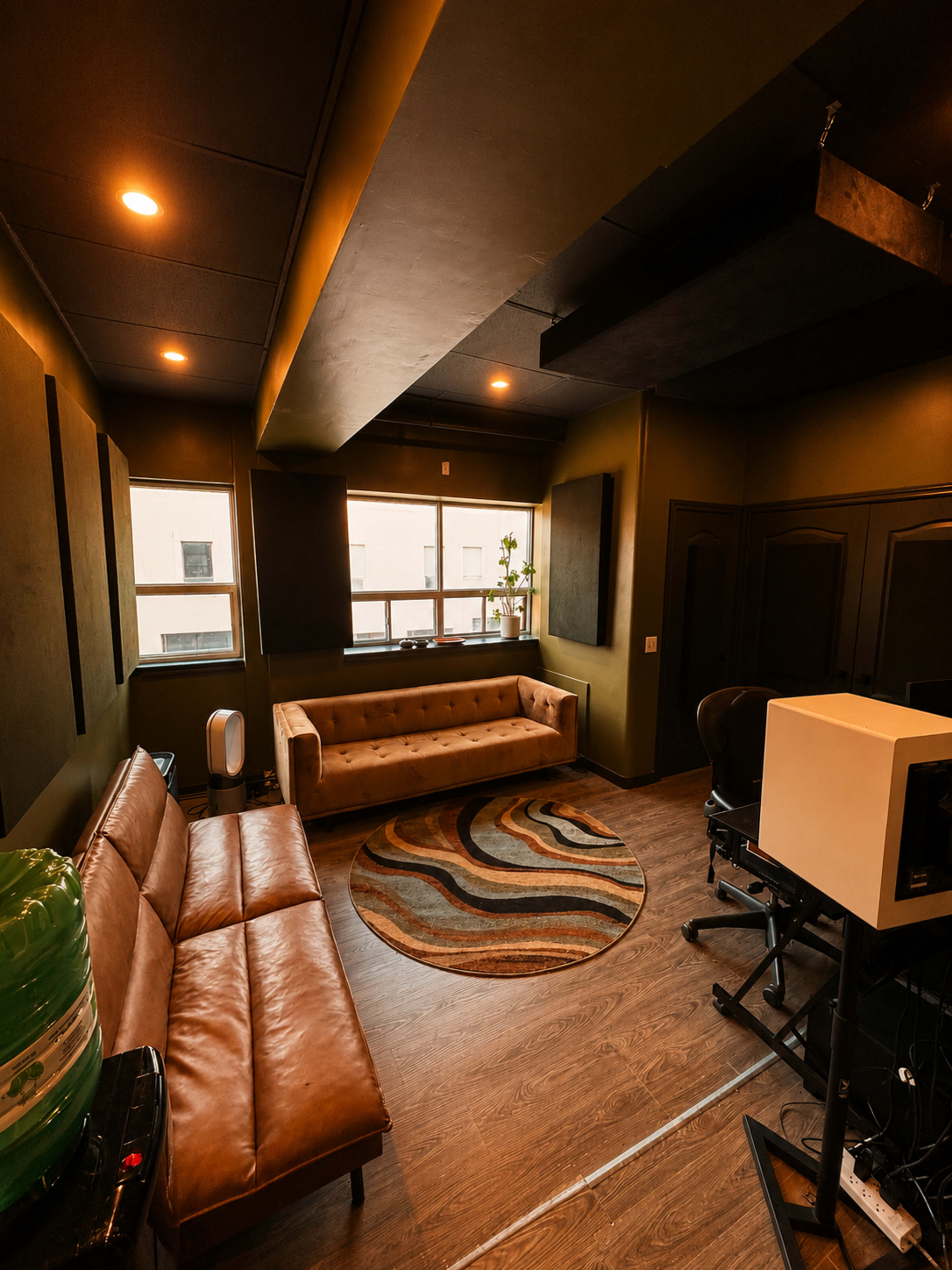 The image shows a small room featuring a brown leather sofa and a circular area rug, with two windows allowing natural light and a desk with computer equipment.
