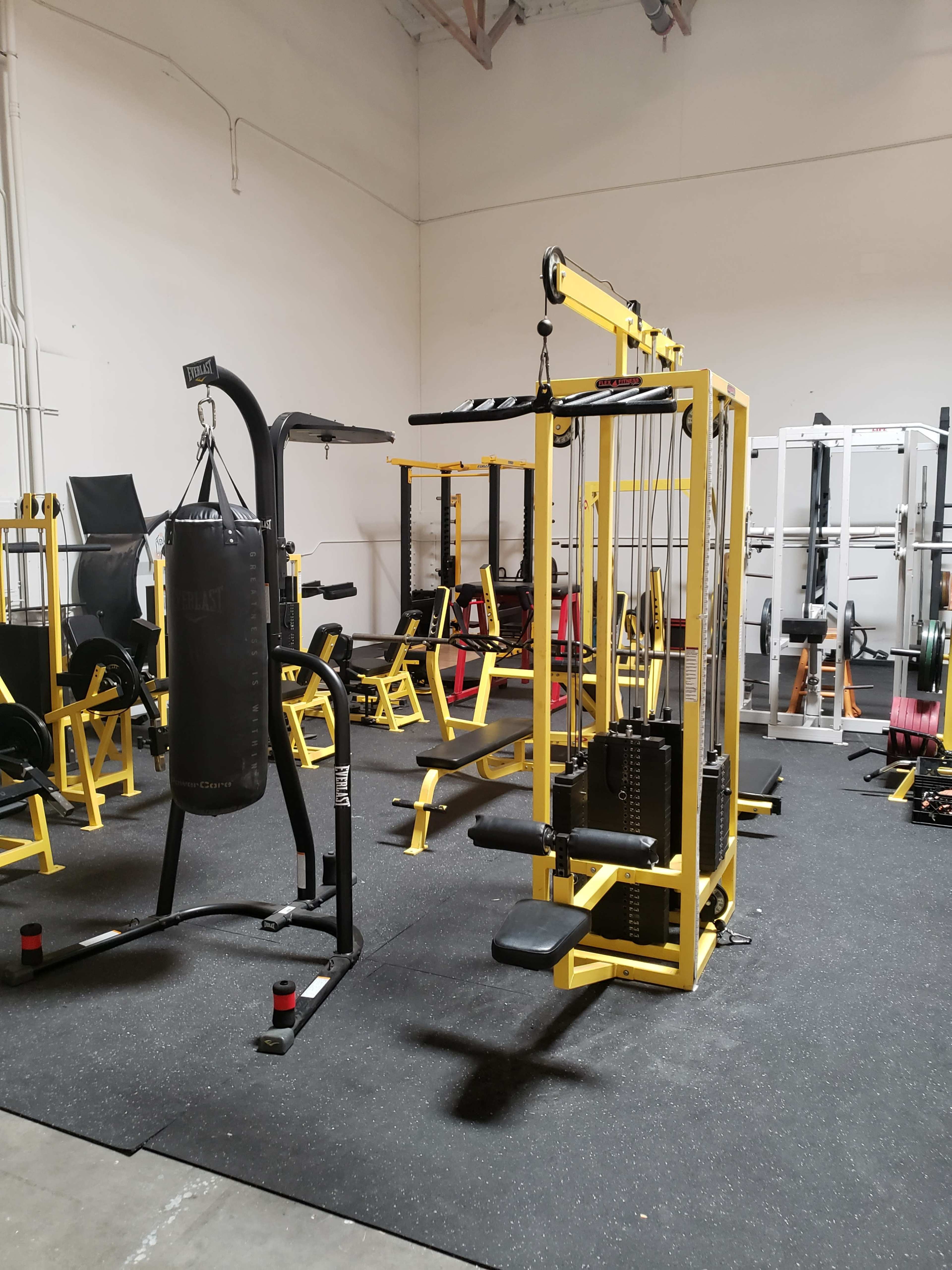 A gym interior featuring various workout equipment, including a cable machine, a punching bag, and weightlifting stations, all arranged on a rubberized floor.