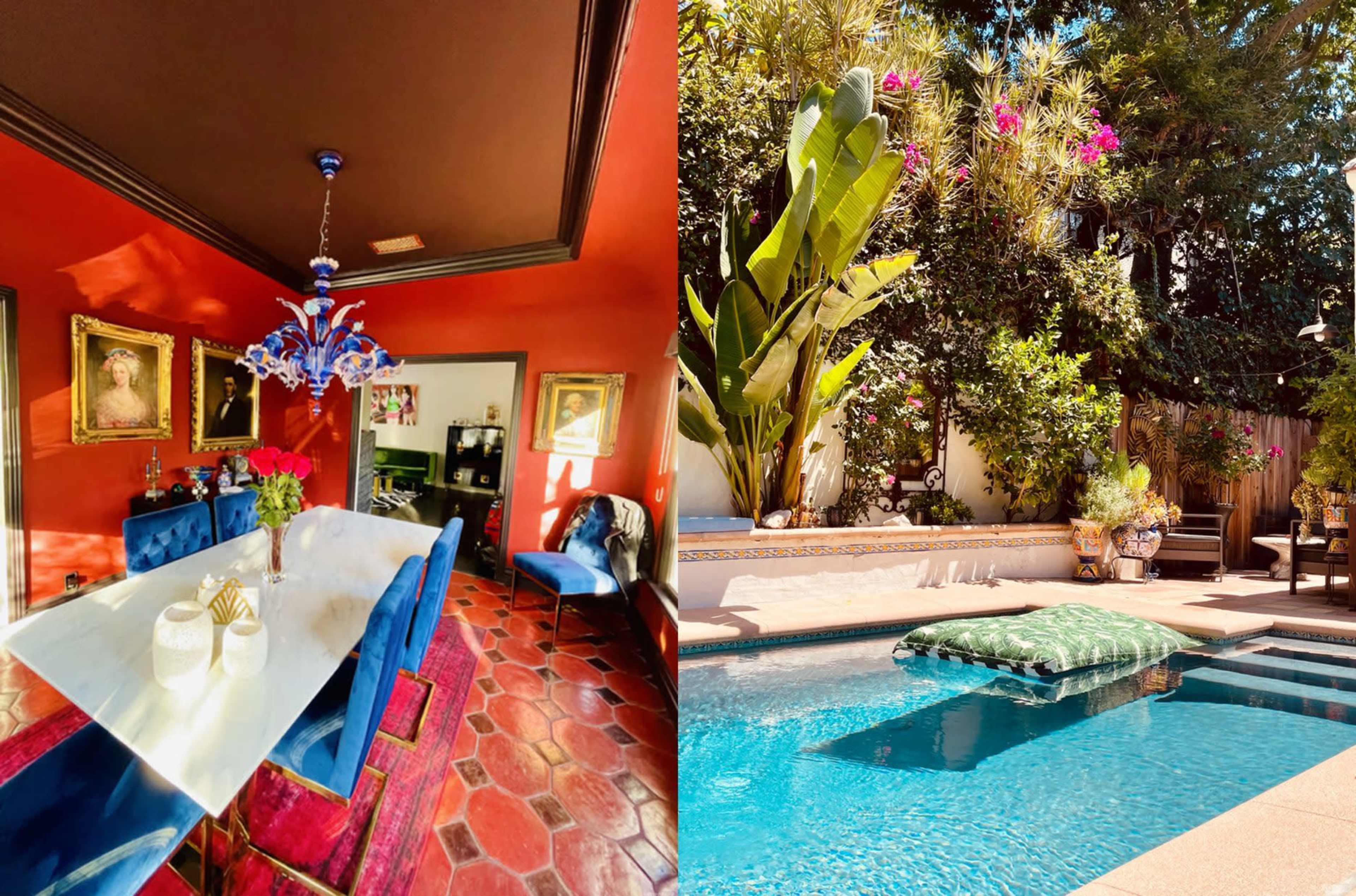 The image shows a dining room with a red wall, a blue chandelier, and a table surrounded by blue chairs, while the second part features a landscaped garden with a swimming pool and a large green float.