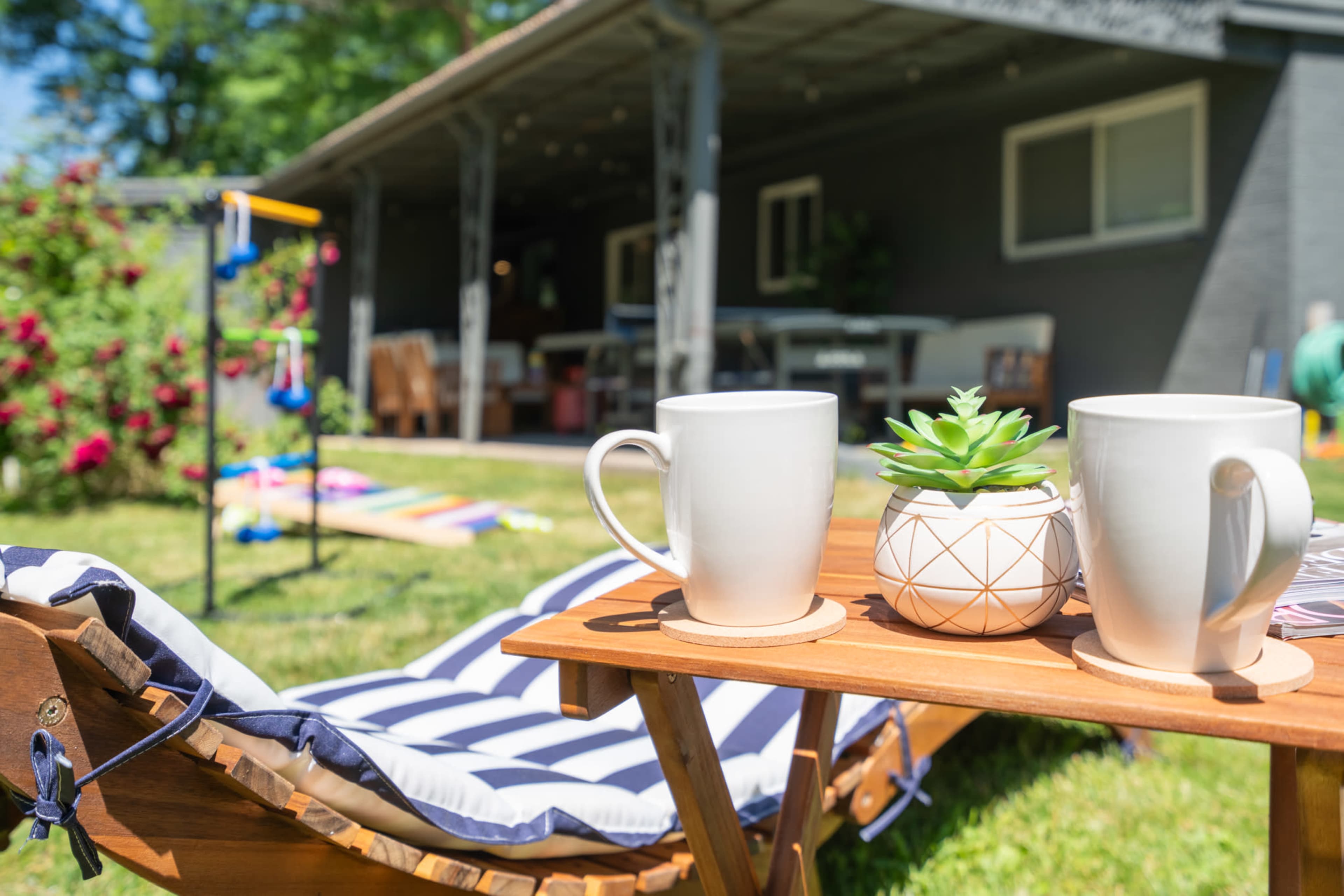 Two white mugs and a small potted plant sit on a wooden table in a sunny backyard, with a patio and lounging area visible in the background.