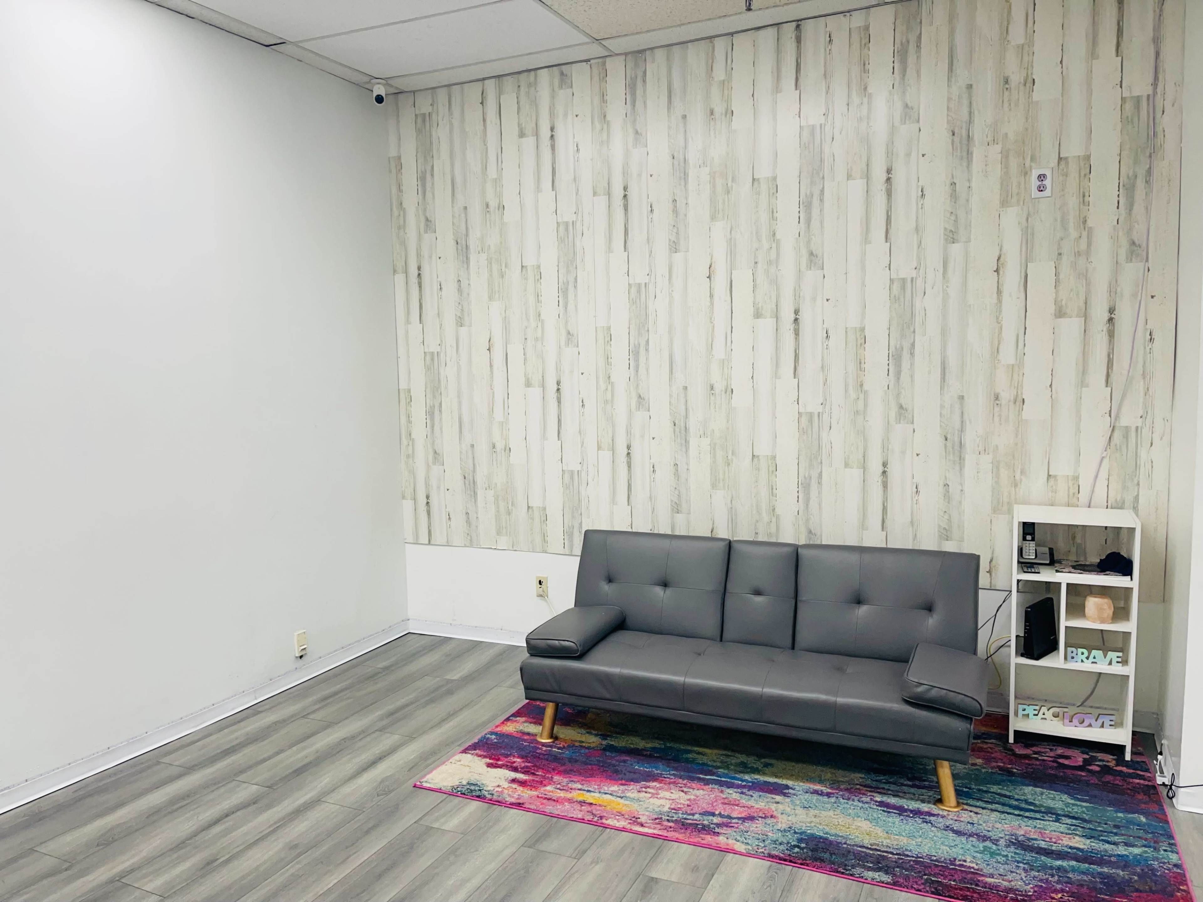 The image shows a simple, unoccupied room featuring a gray sofa, a colorful area rug, and a small shelf against a wall with a wood-paneled design.