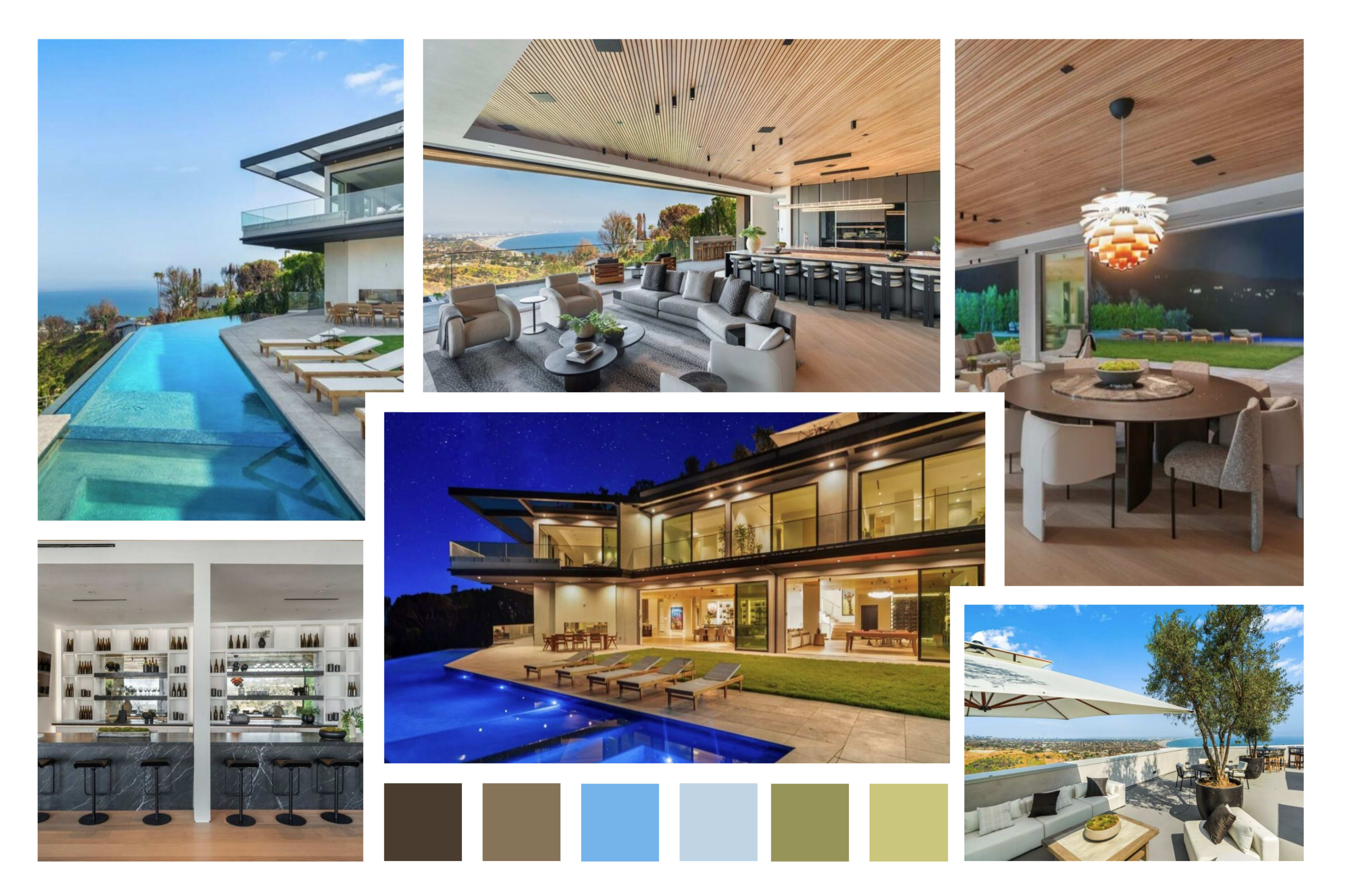The image showcases various luxurious rooms and outdoor spaces of a modern home, including a sleek living area, a kitchen with a large island, a dining area, and an infinity pool overlooking a scenic view.