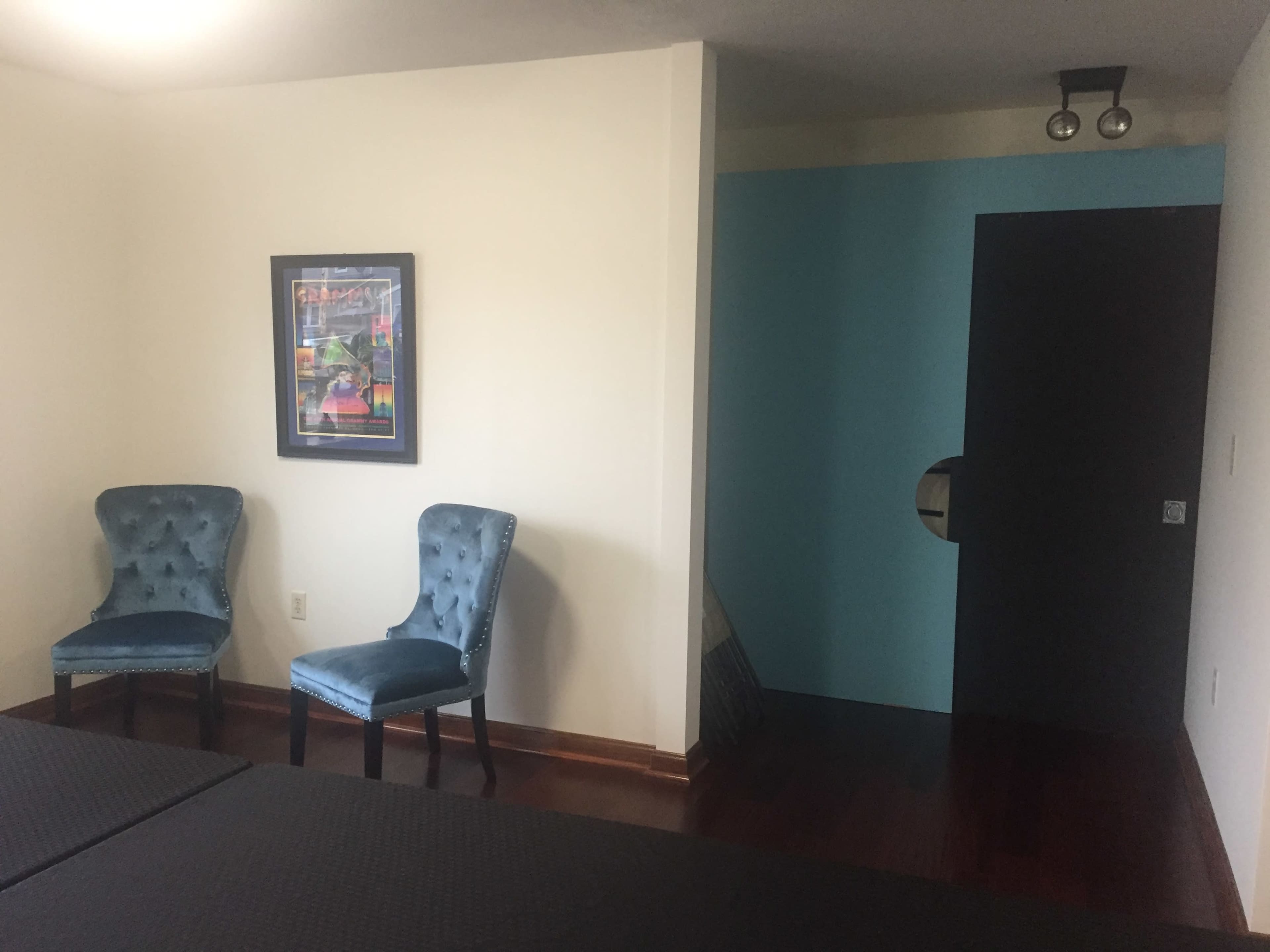 The image shows a room with two blue velvet chairs, a framed picture on the wall, and a door painted in light blue.
