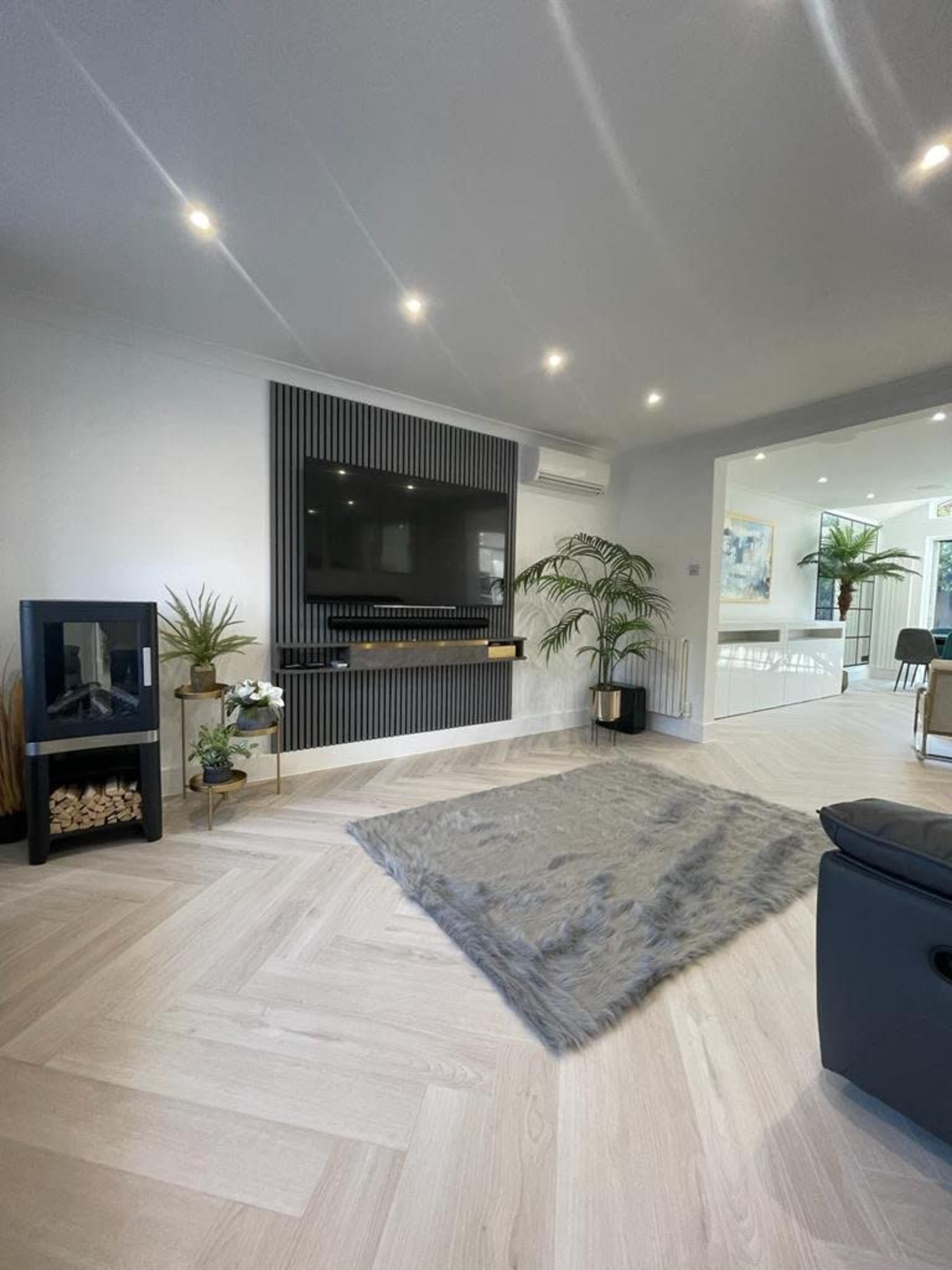 The image shows a modern living room featuring a mounted television, a gray area rug, a fireplace, and decorative plants.