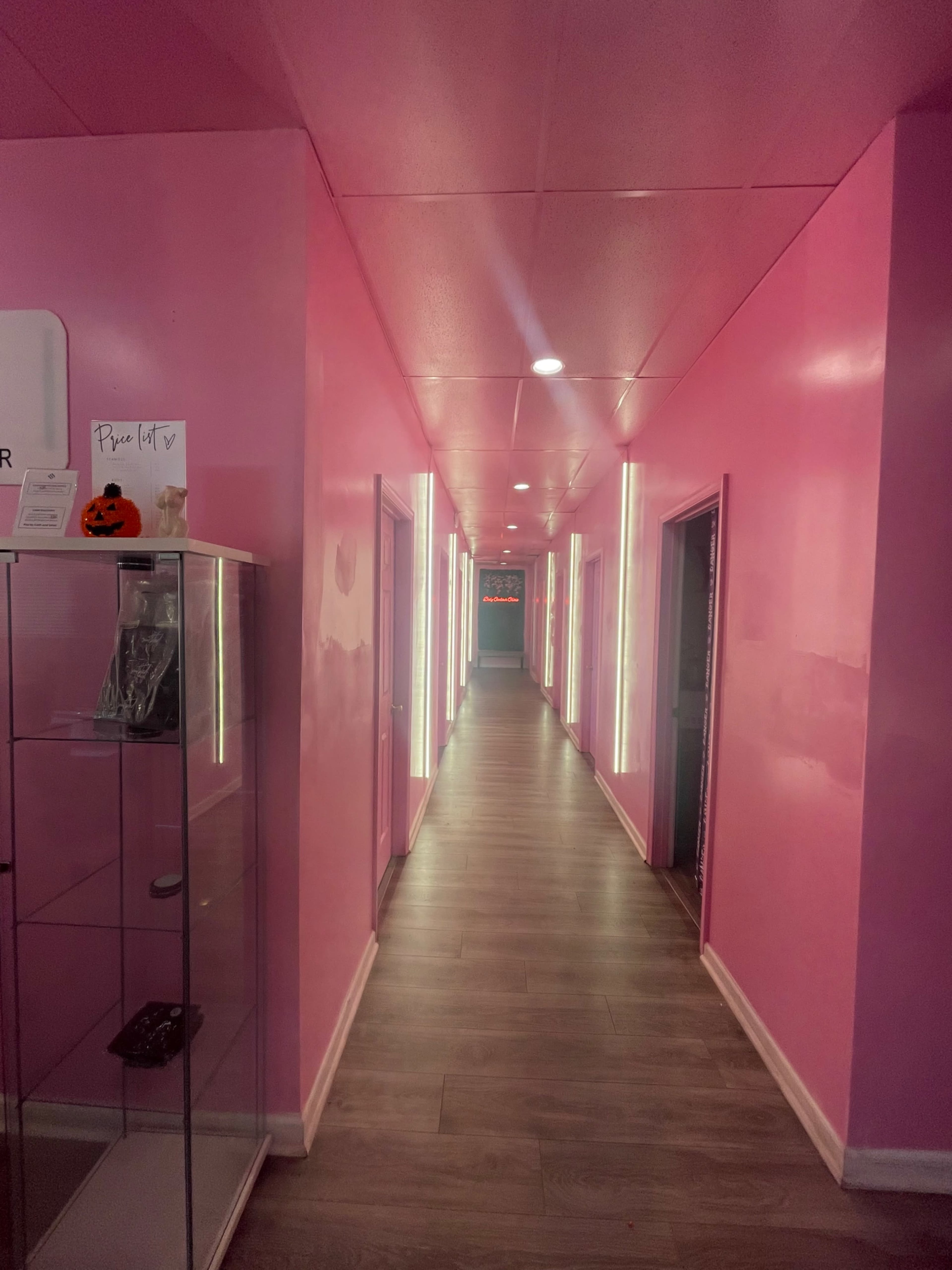 A long corridor lined with pink walls and illuminated by vertical lights, leading to a doorway at the end.