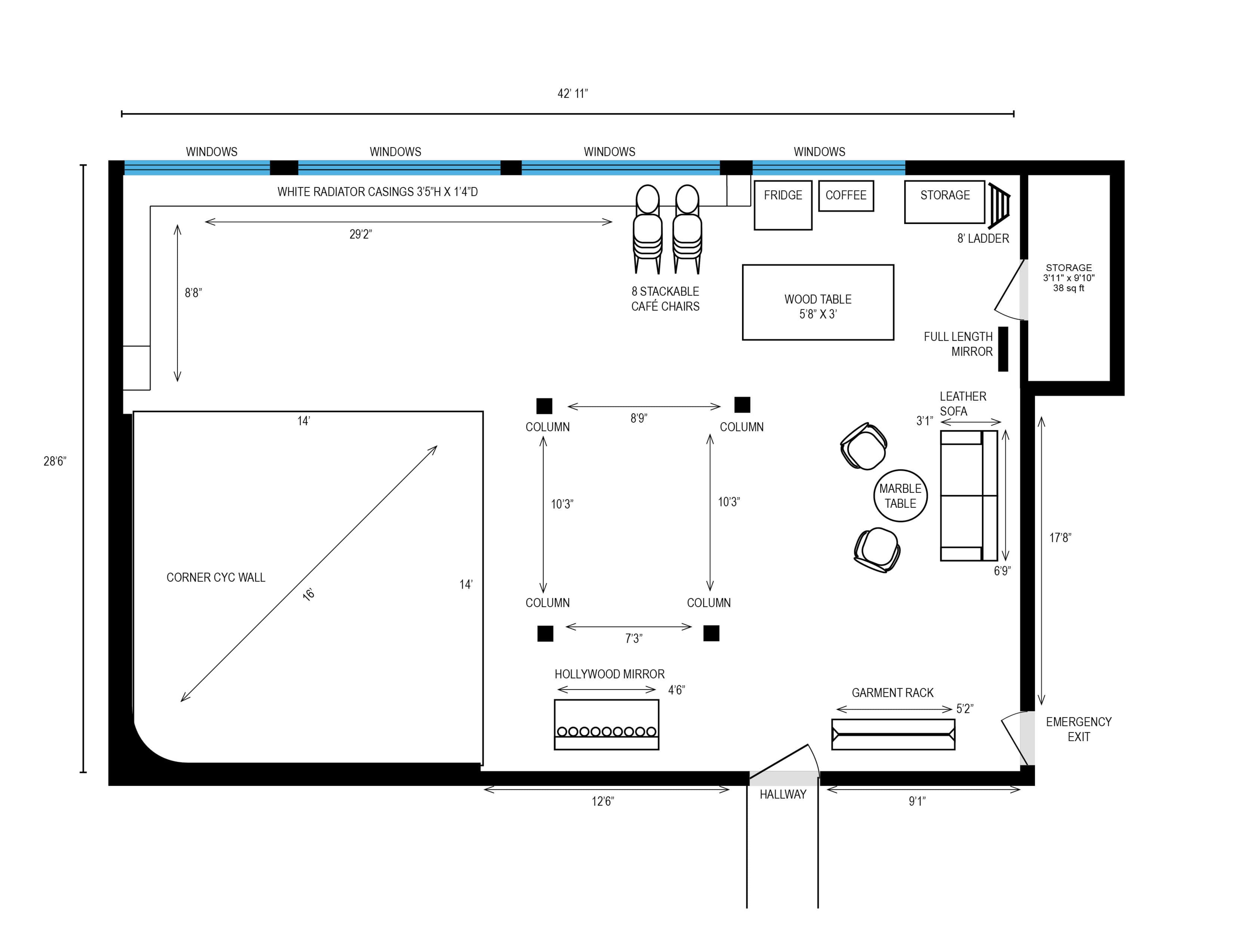 The layout plan depicts a room with designated areas for seating, storage, and appliances, including a fridge and coffee station, along with various dimensions and positions for windows and walls.