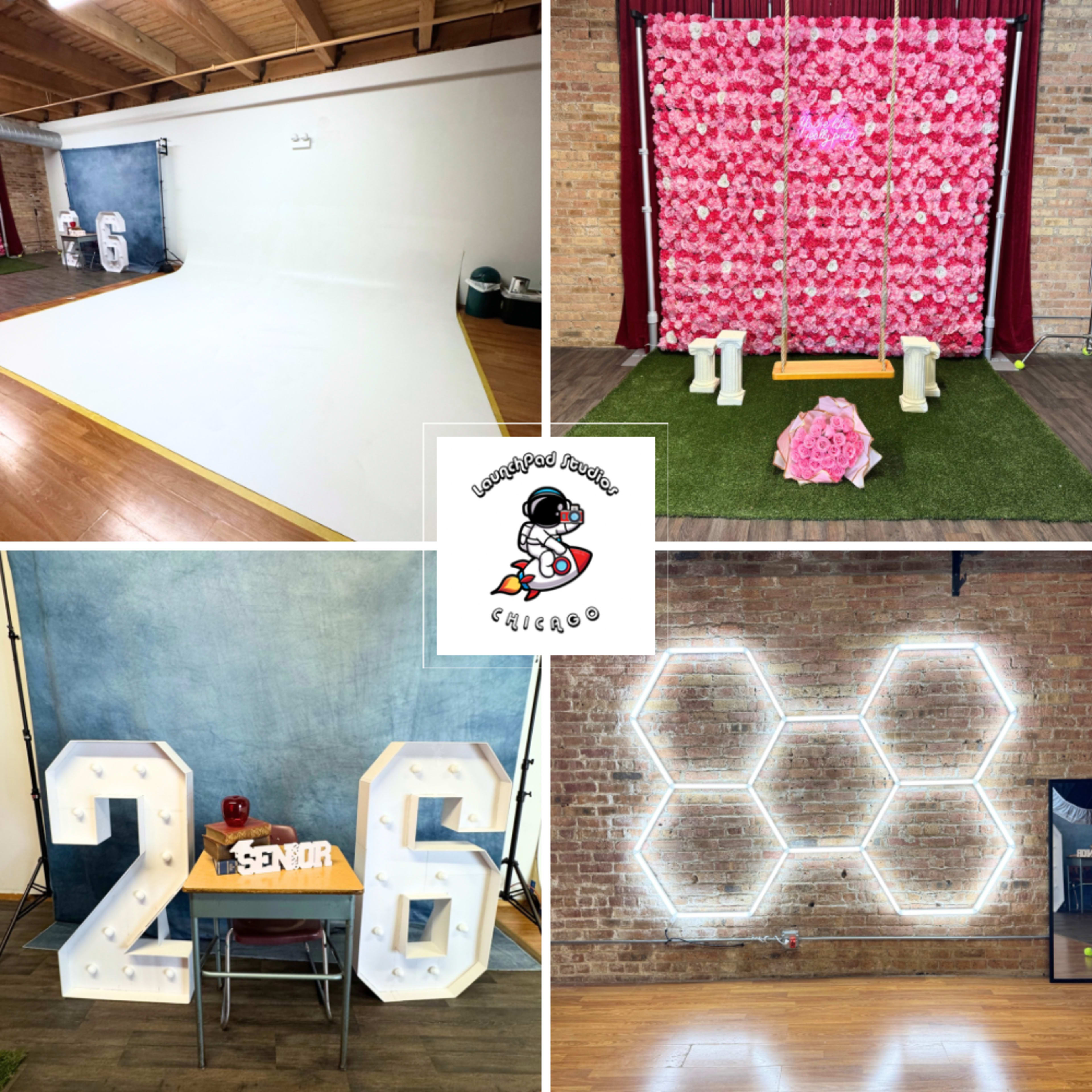 The image displays a montage of four setups: a plain white backdrop, a pink floral display with decorative numbers, a large illuminated "26" sign, and a lit hexagonal design on a brick wall.