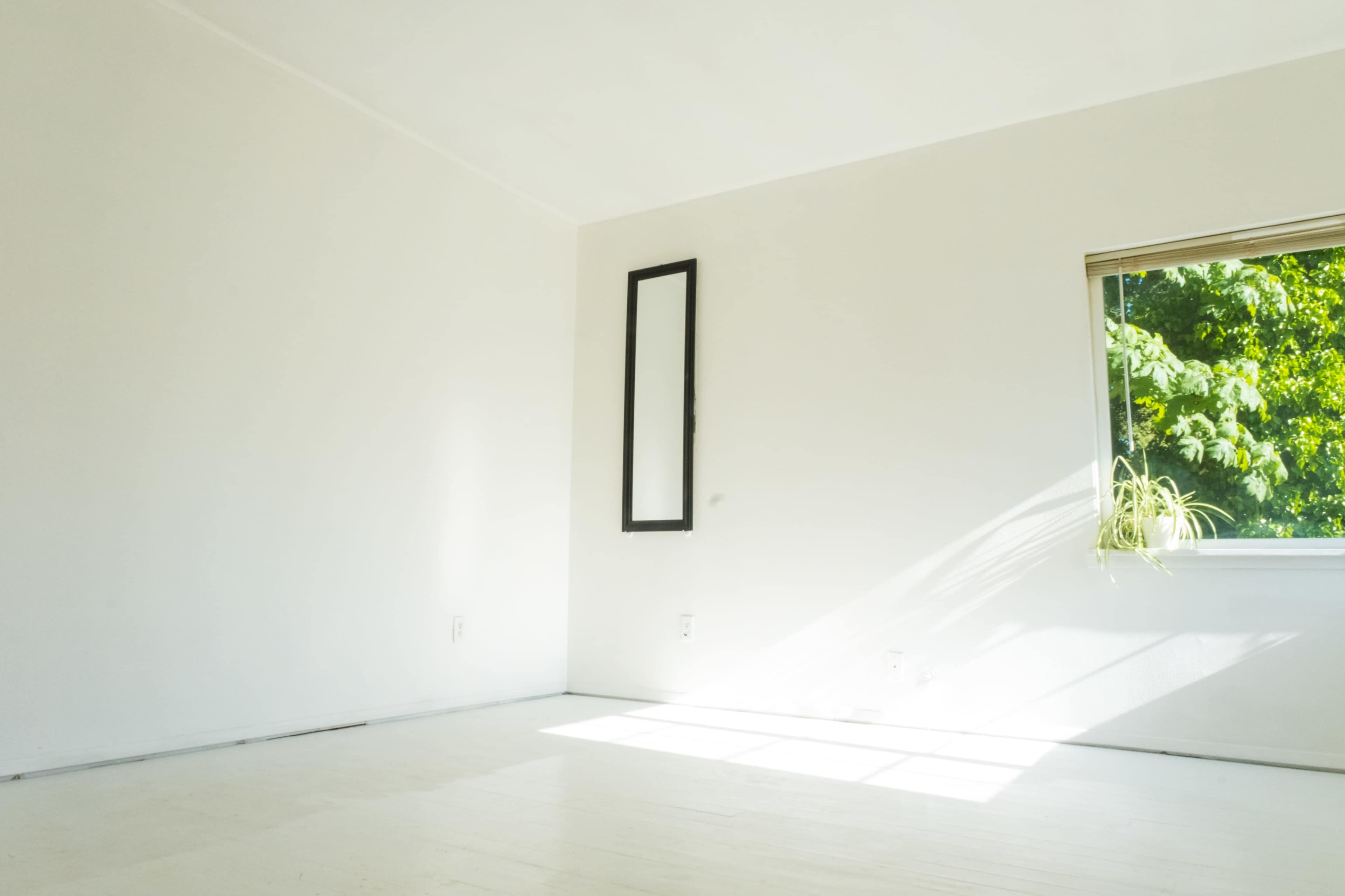 A bright room with white walls, a floor, a tall mirror, and a window displaying greenery outside.