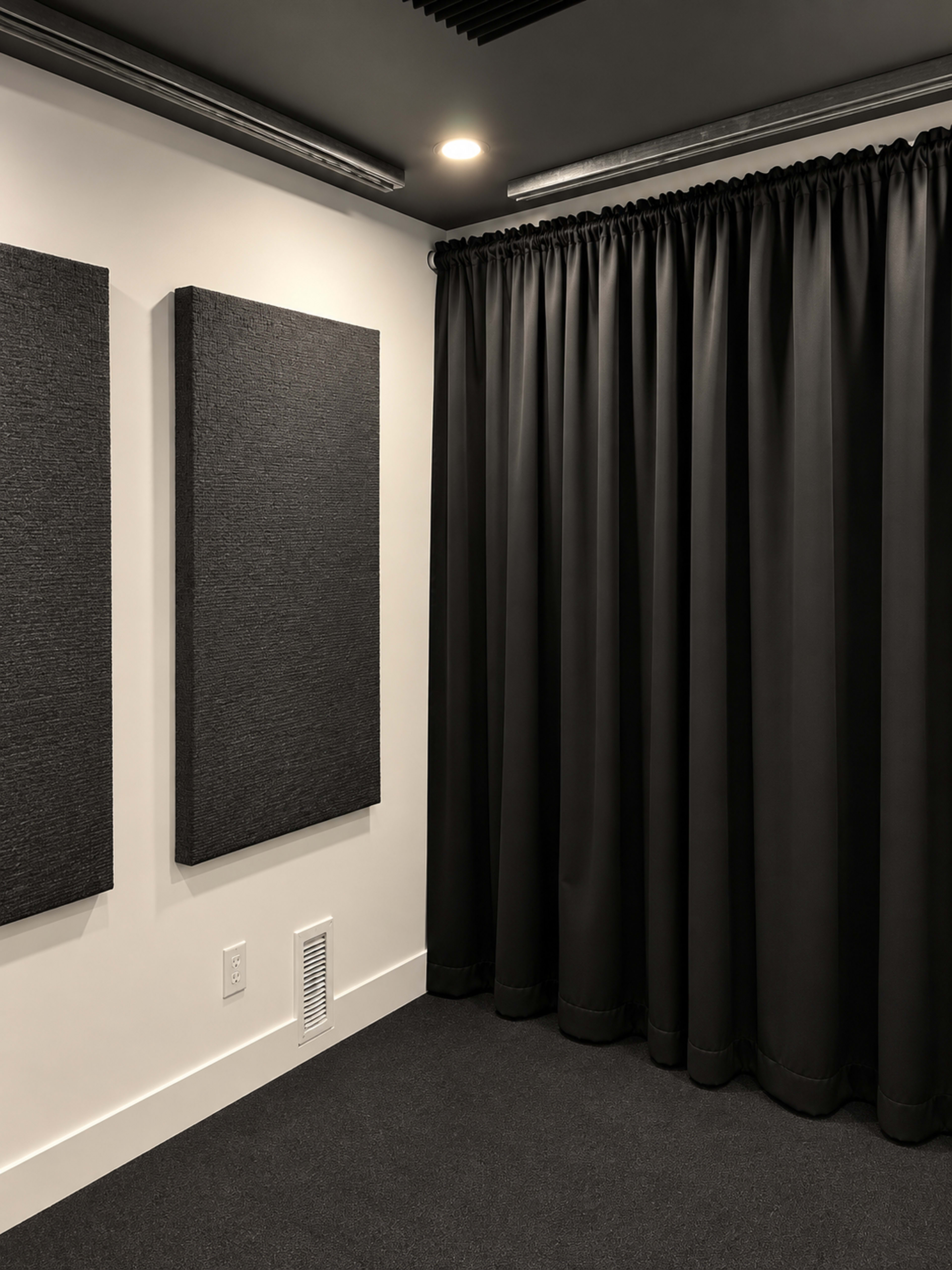 The image shows a corner of a room with black acoustic panels on the wall and a long black curtain, creating a soundproofing effect.