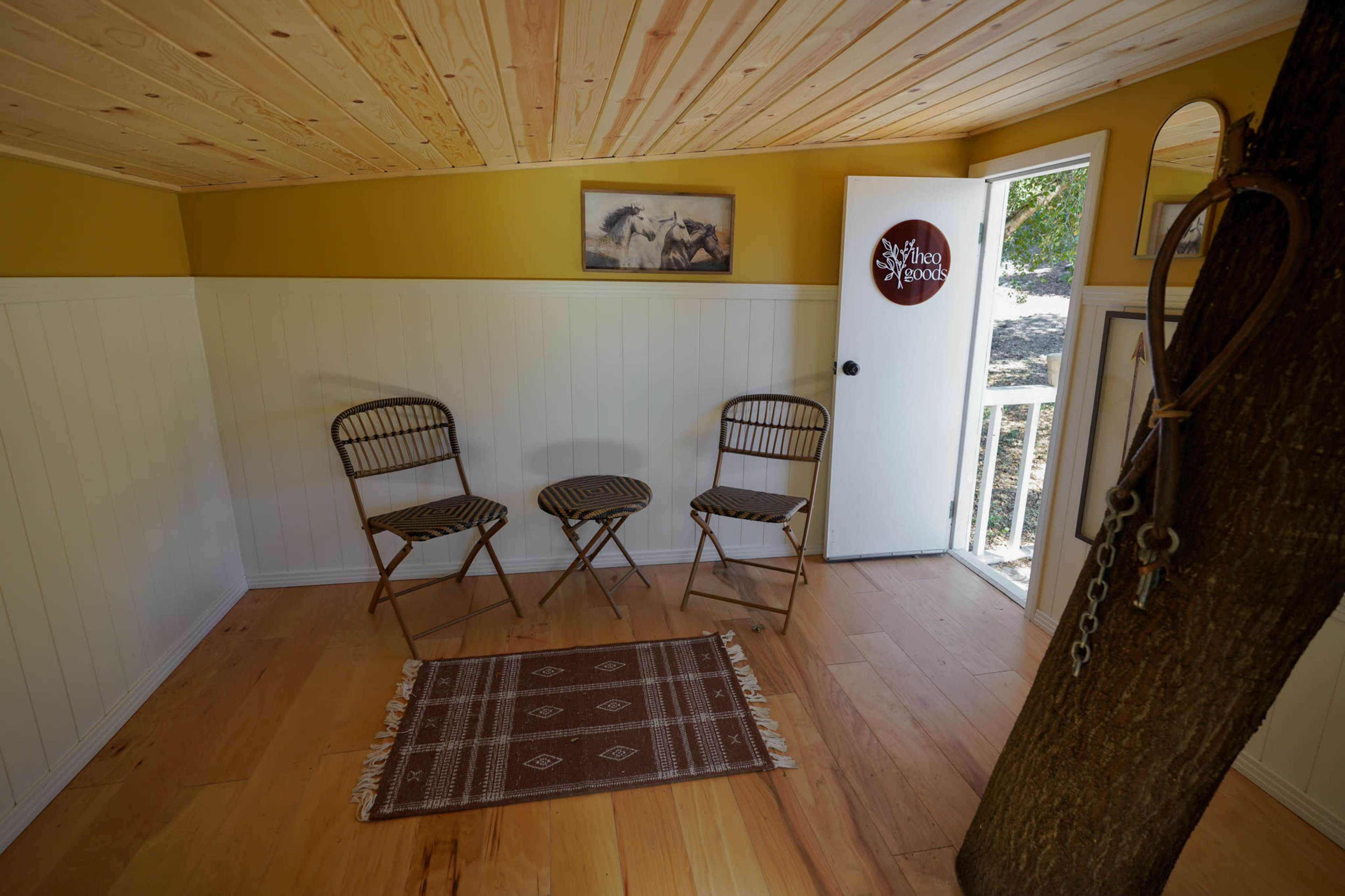 The interior of a small cabin features three metal chairs, a door leading outside, and a decorative rug on the wooden floor.