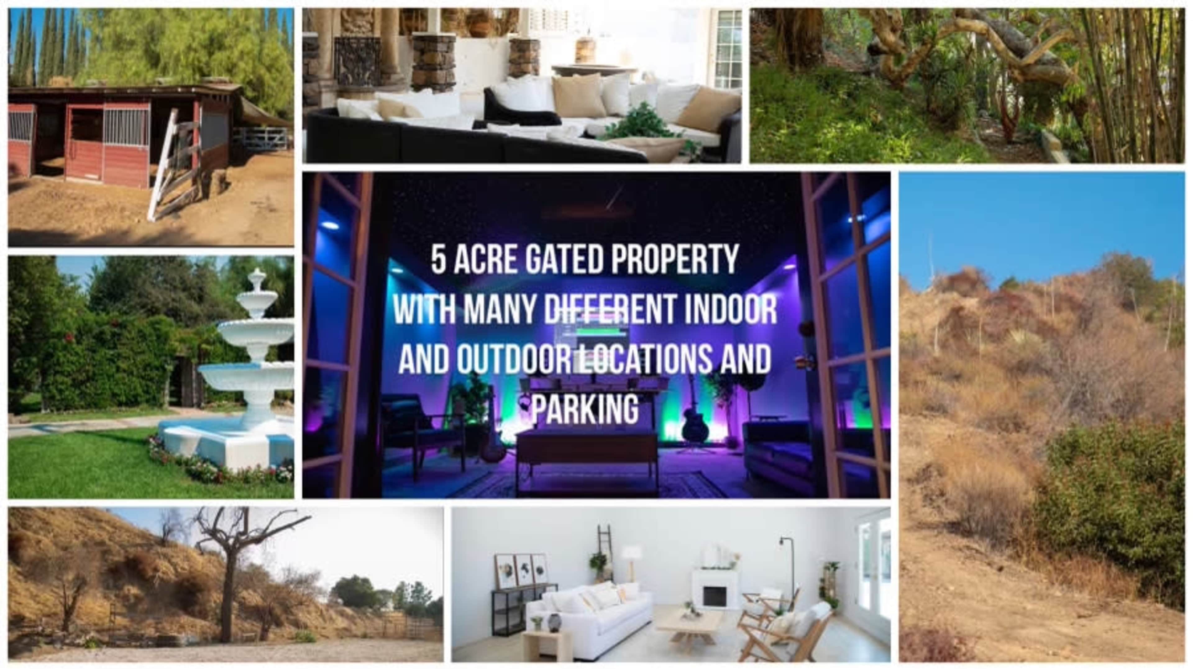 A 5-acre gated property featuring various indoor and outdoor settings, including a house, a fountain, trees, and an open area for parking.