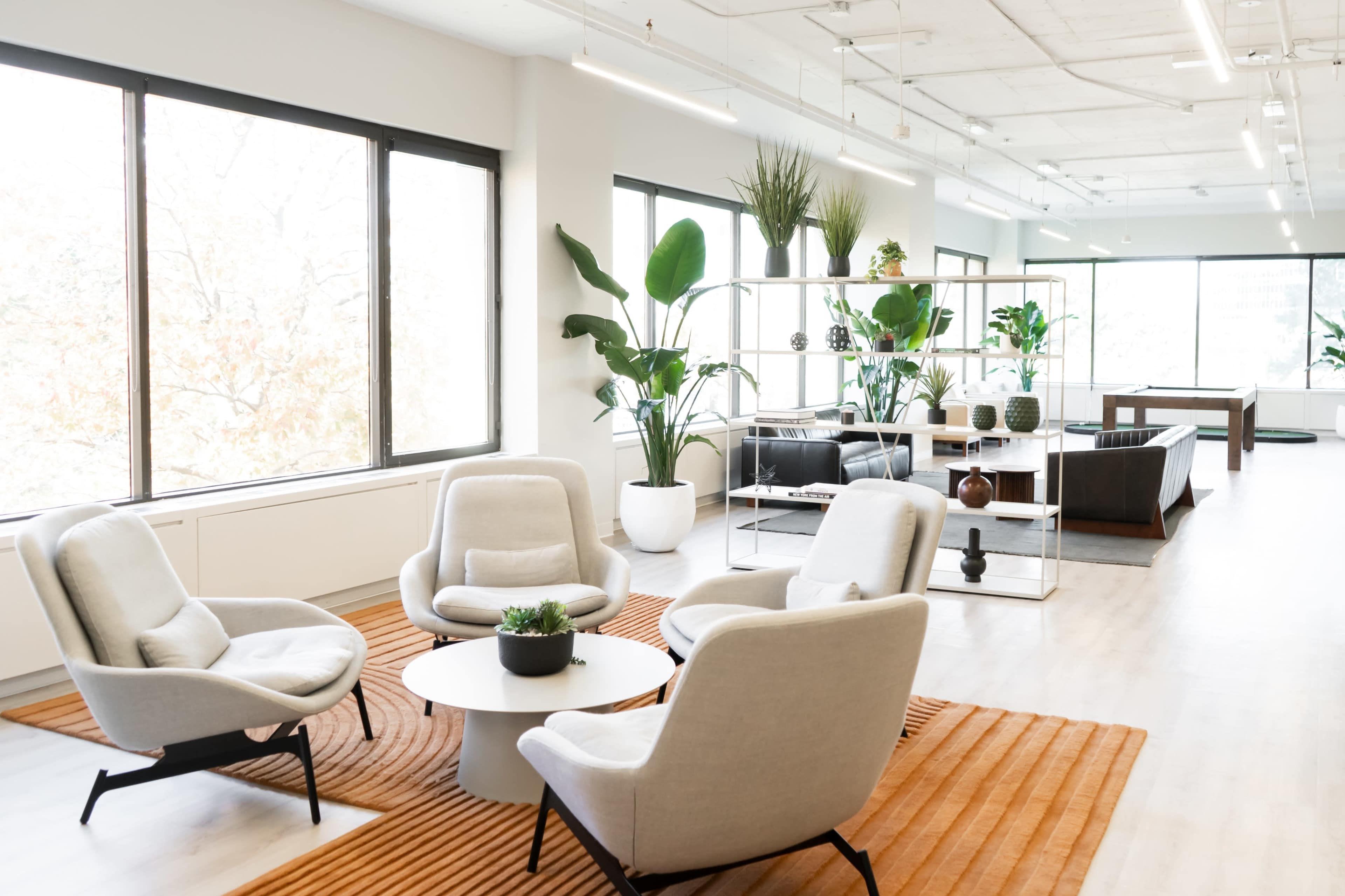 A modern office space features four light-colored chairs surrounding a round table, with large windows illuminating the area and several plants adding greenery.