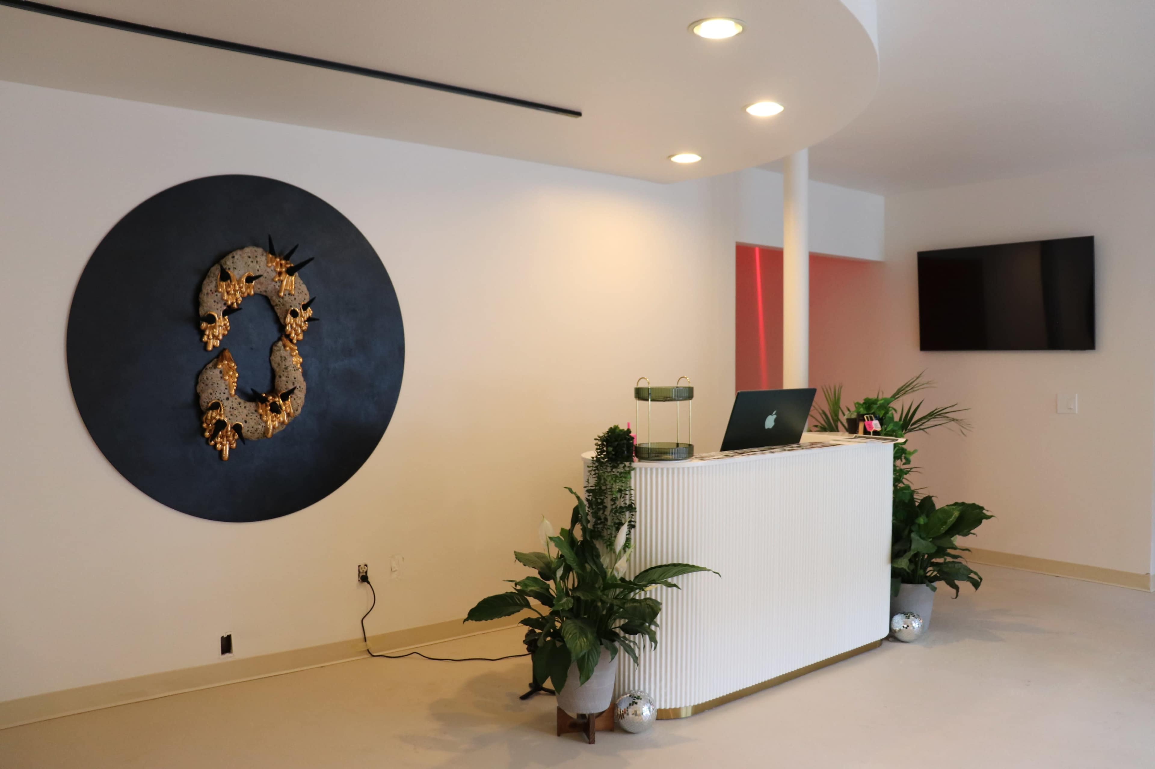A reception area features a white desk with a computer, a decorative wall piece, and potted plants.