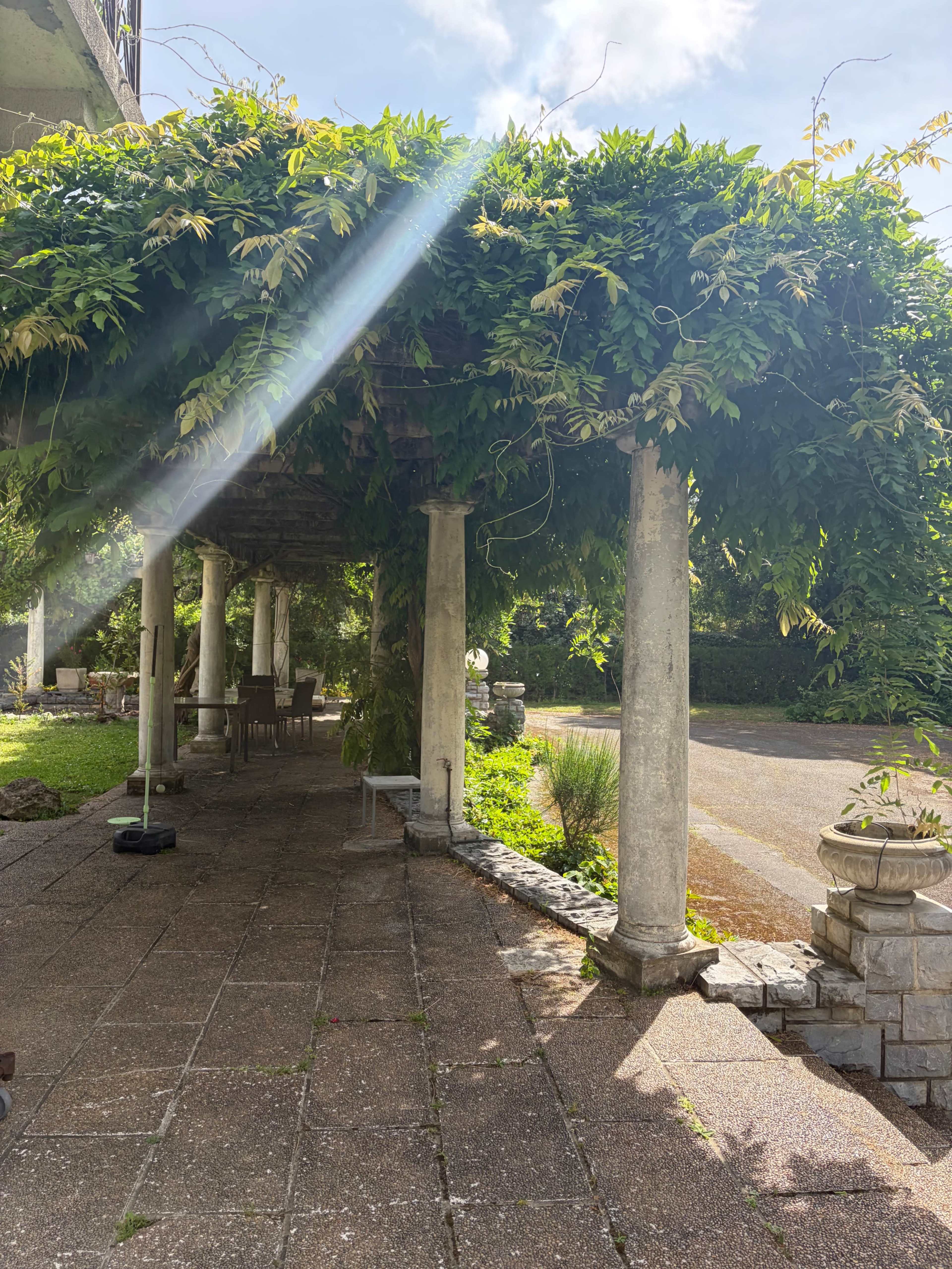 The image shows a covered walkway supported by columns, surrounded by greenery and a stone pathway leading to an open area.