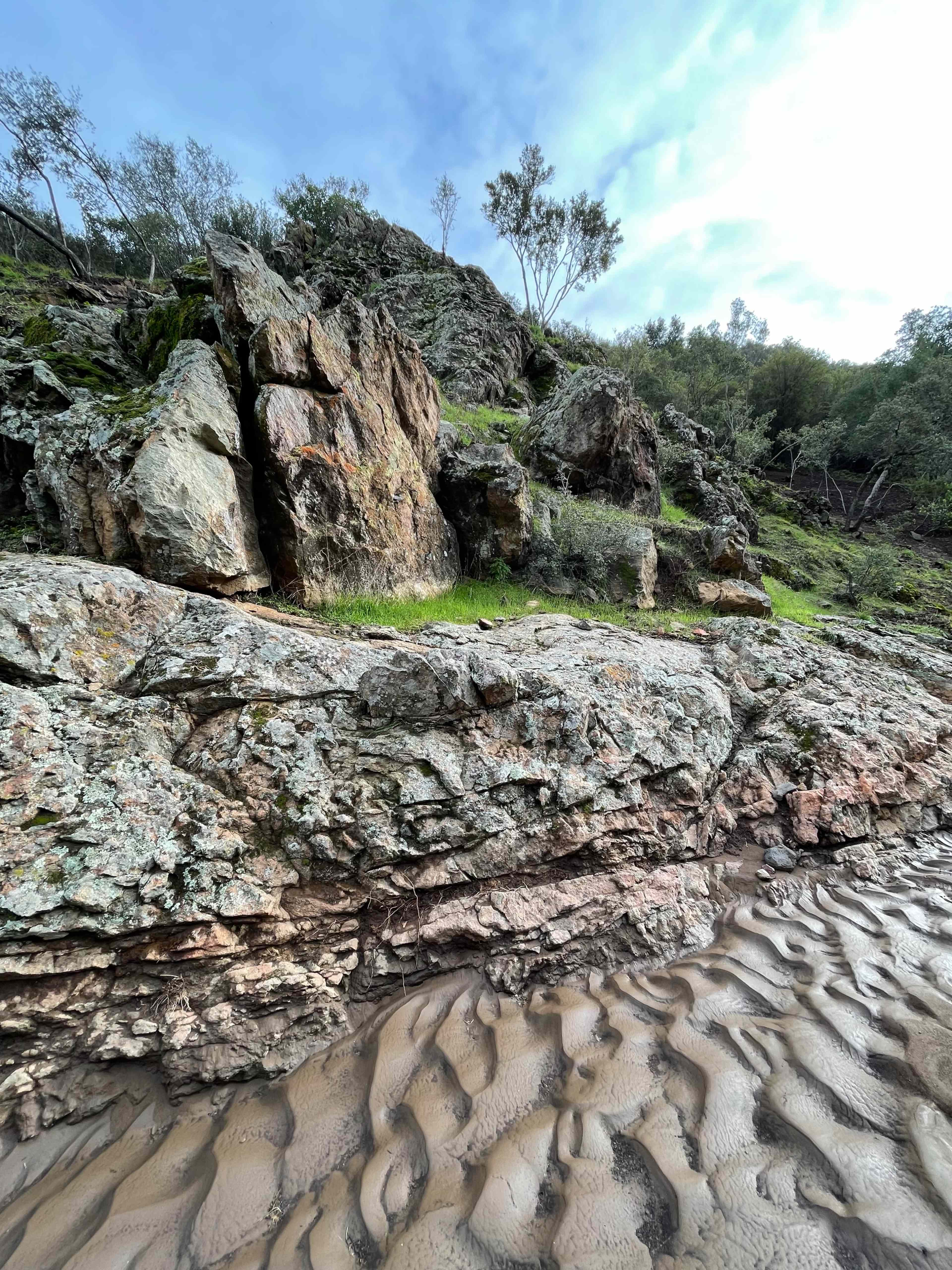 A rocky hillside with patches of grass and trees, alongside a textured sandy ground.
