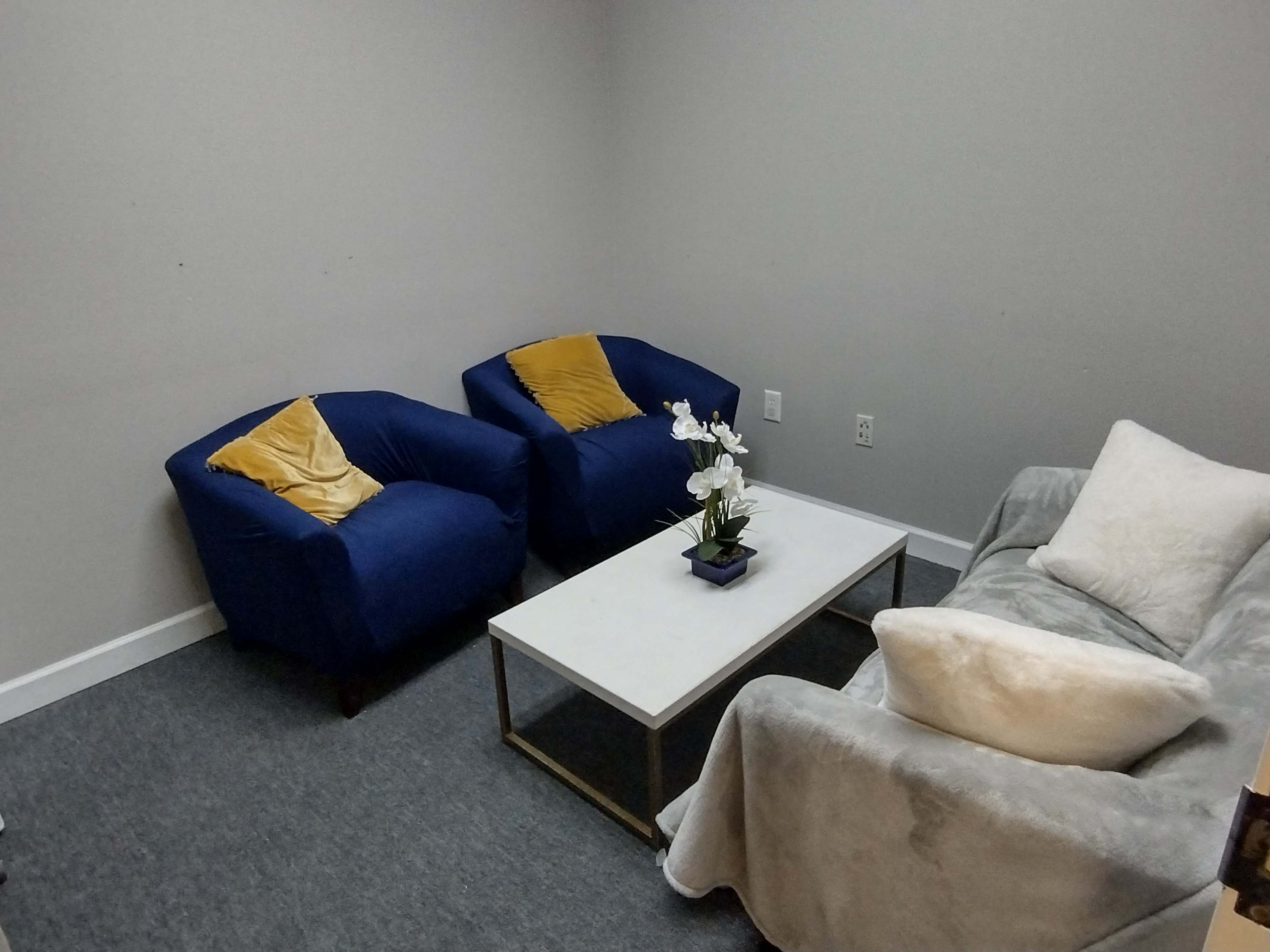 A small sitting area with two blue chairs and a light gray couch positioned around a white coffee table.