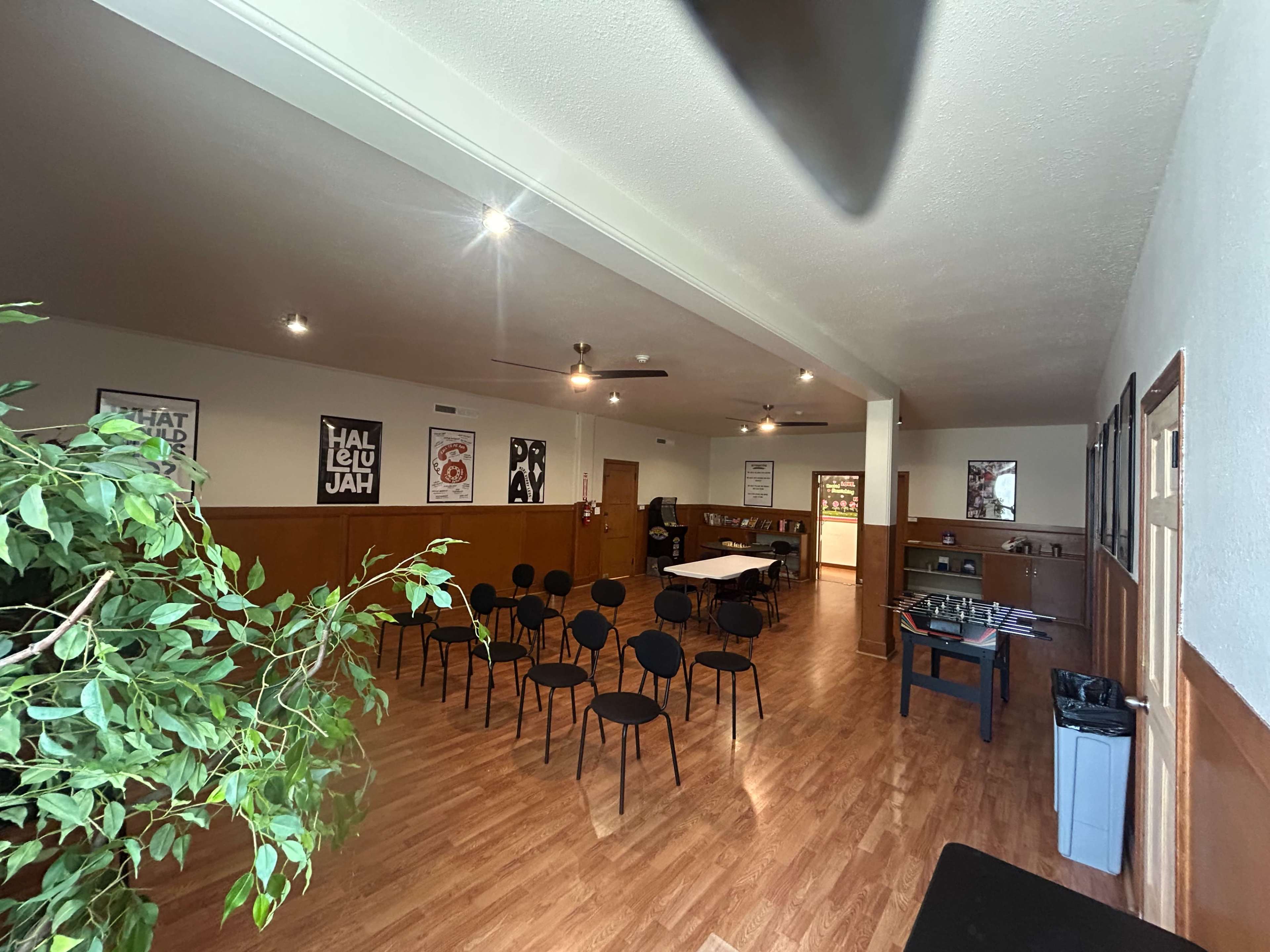The image shows a spacious indoor room set up with black chairs facing a table, complemented by posters on the walls and a potted plant in the foreground.