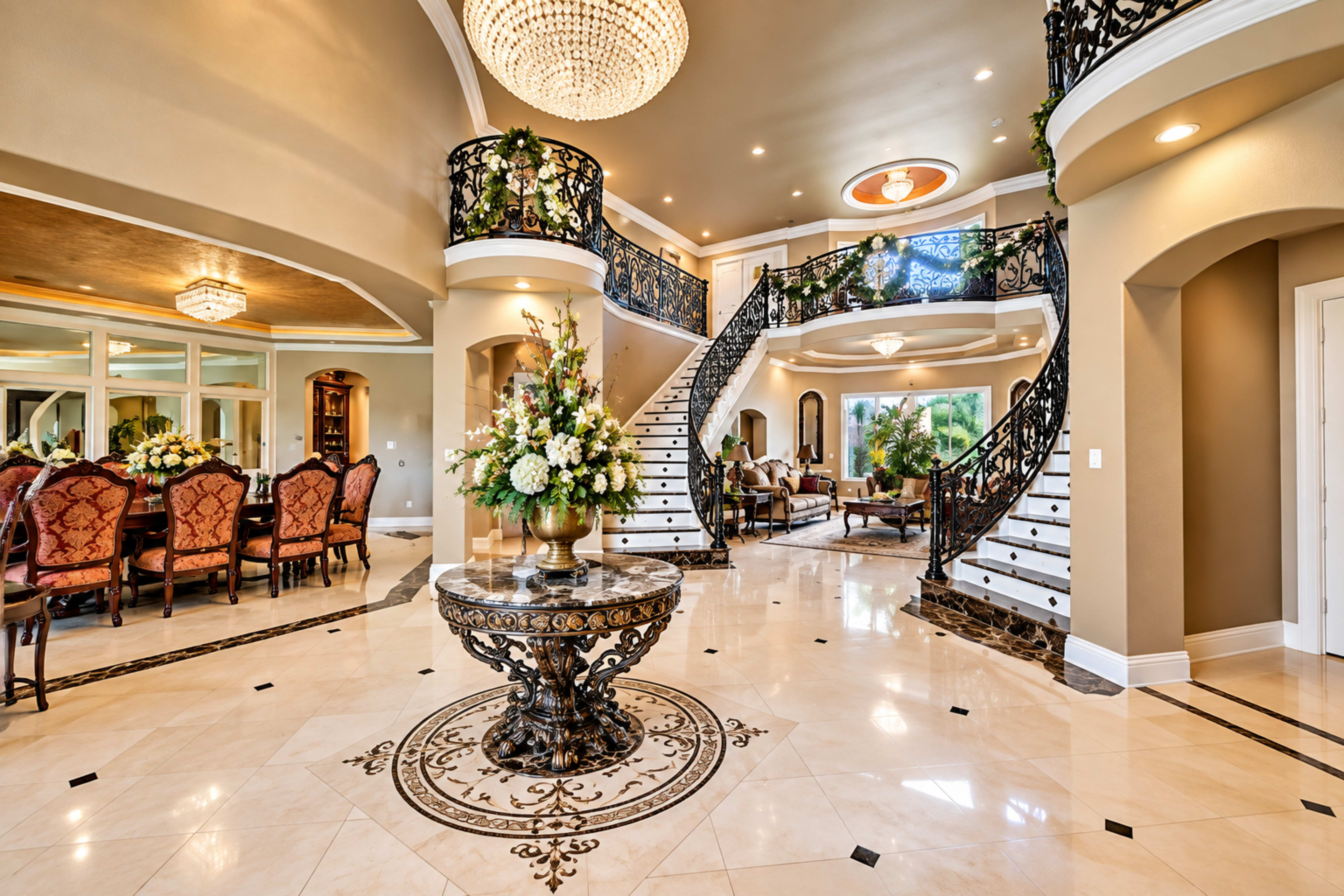 The image shows an elegant foyer with a grand staircase, ornate railings, and a decorative floral centerpiece on a marble table.