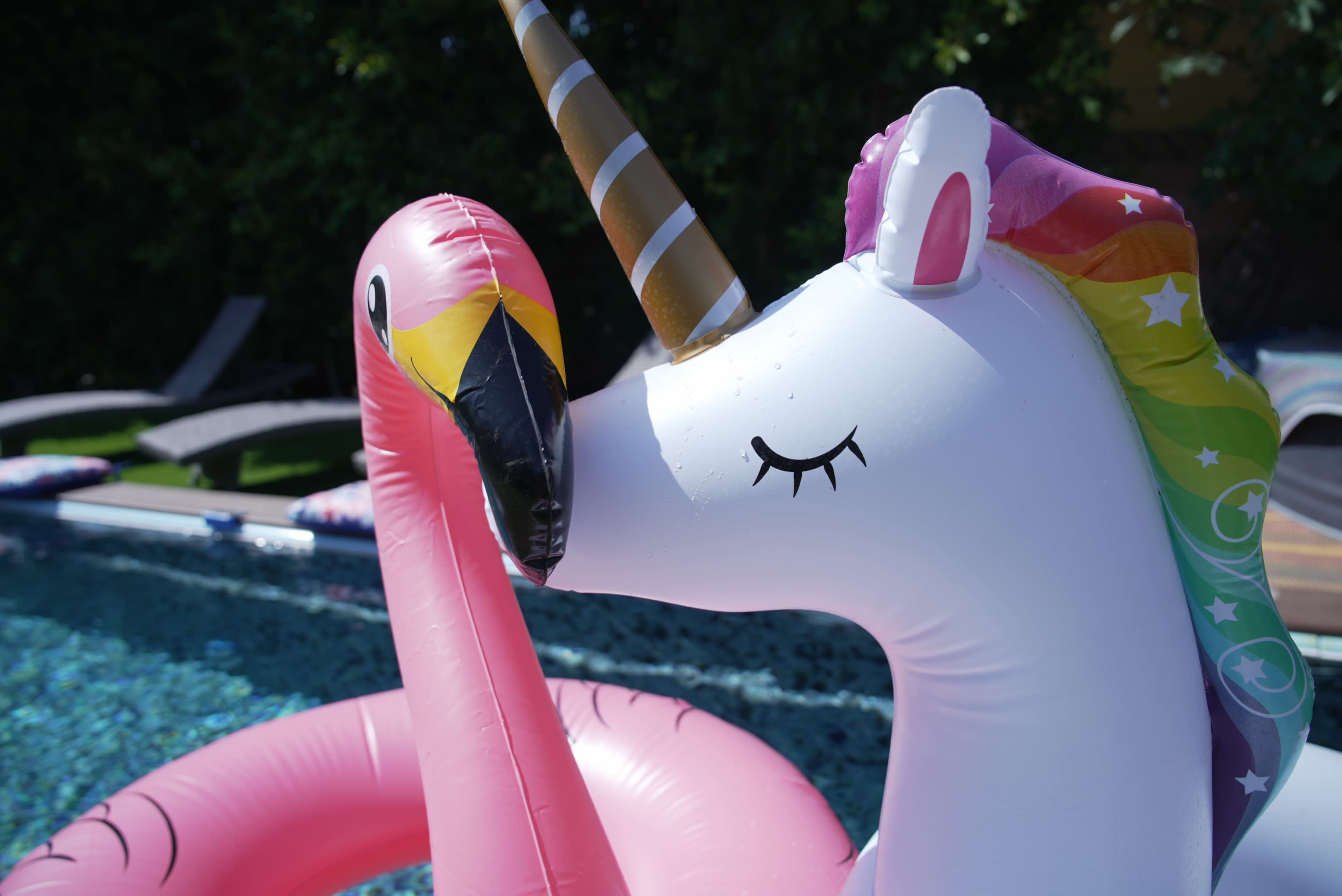 A pink flamingo-shaped pool float is touching a unicorn-shaped float near a swimming pool.