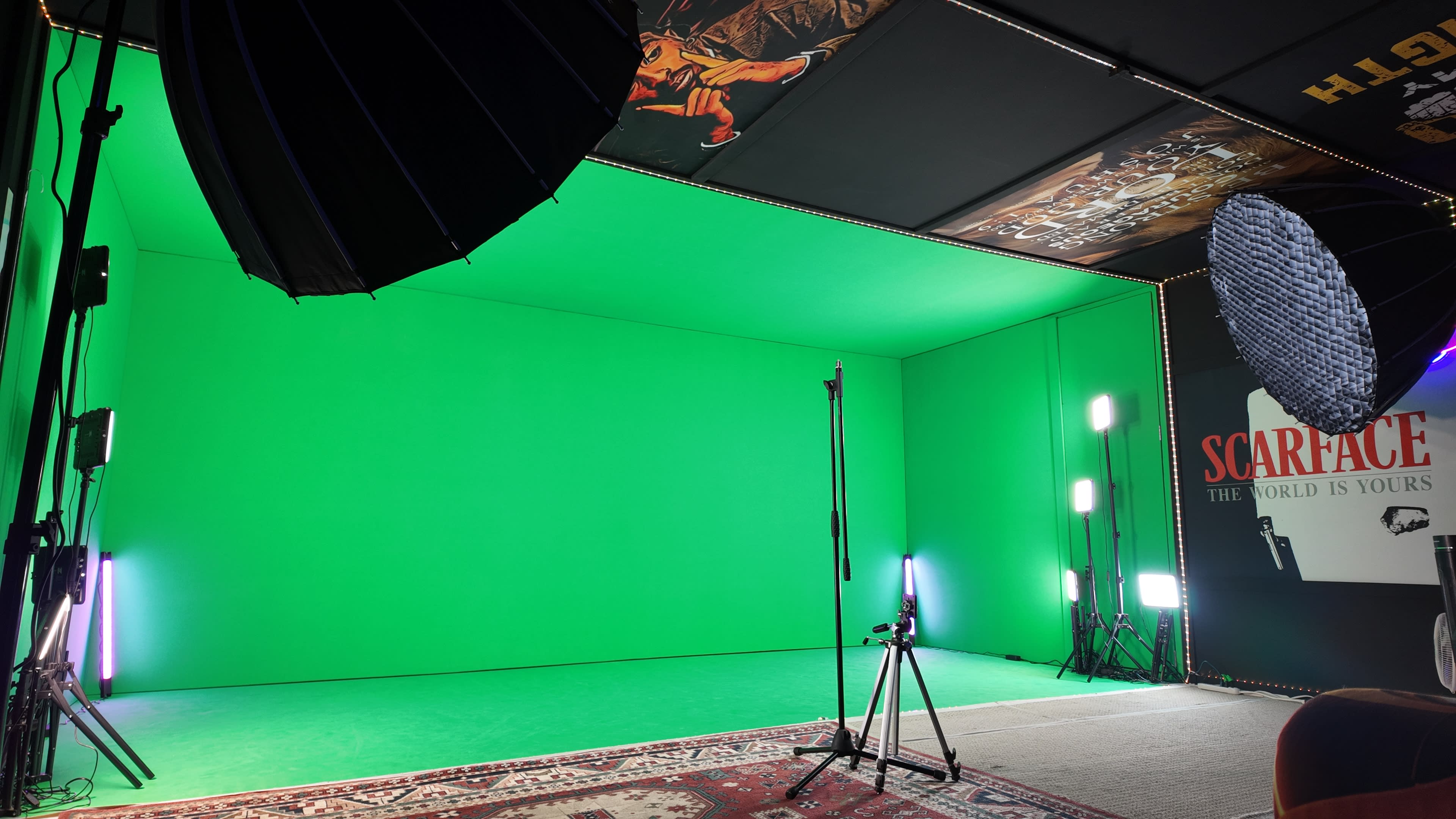 The image shows a green screen studio with lighting equipment and a patterned rug on the floor.