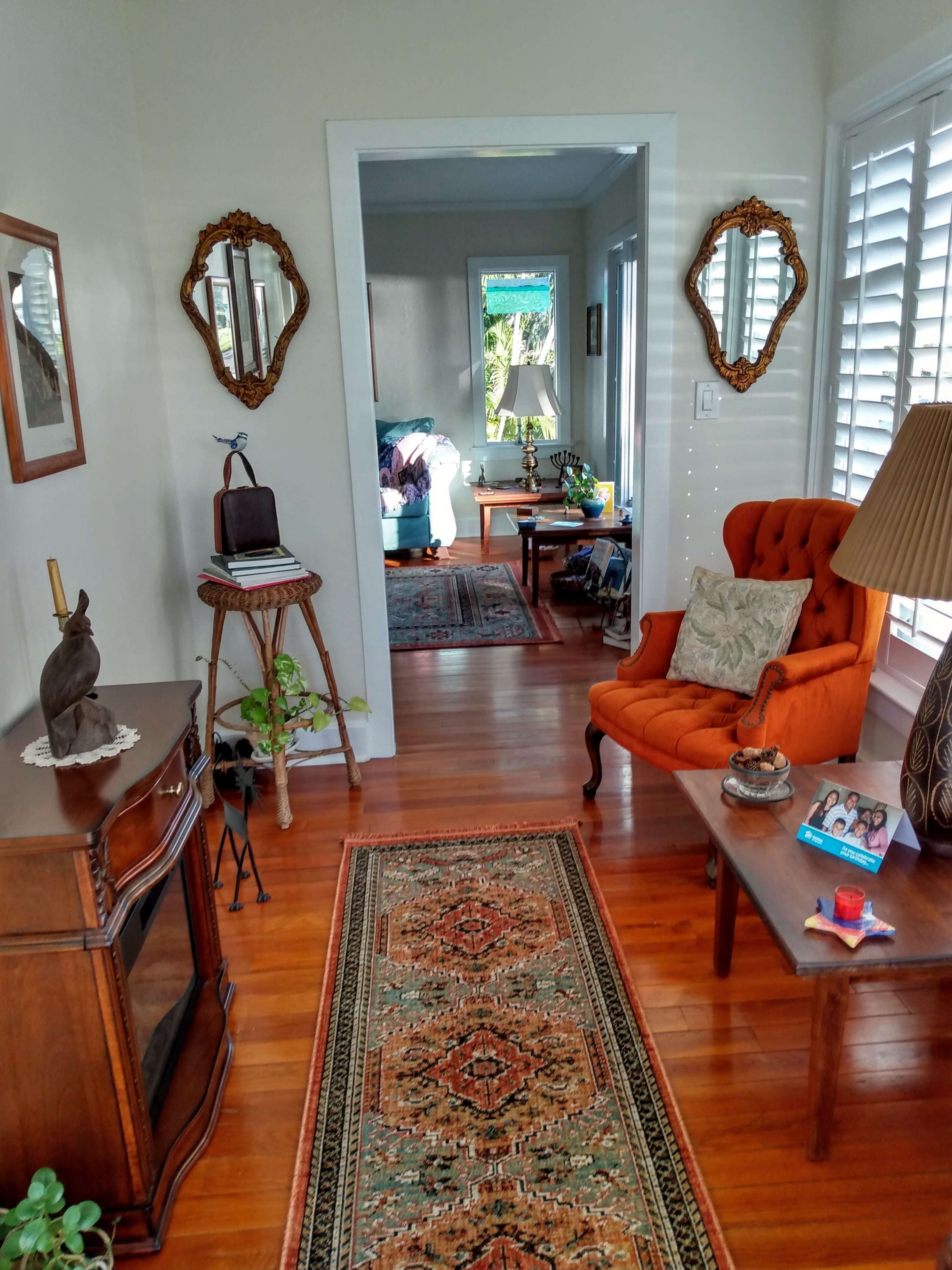 A welcoming hallway showcases a vintage rug, an orange armchair, and mirrors, leading to a bright living area with green plants and wooden furniture.