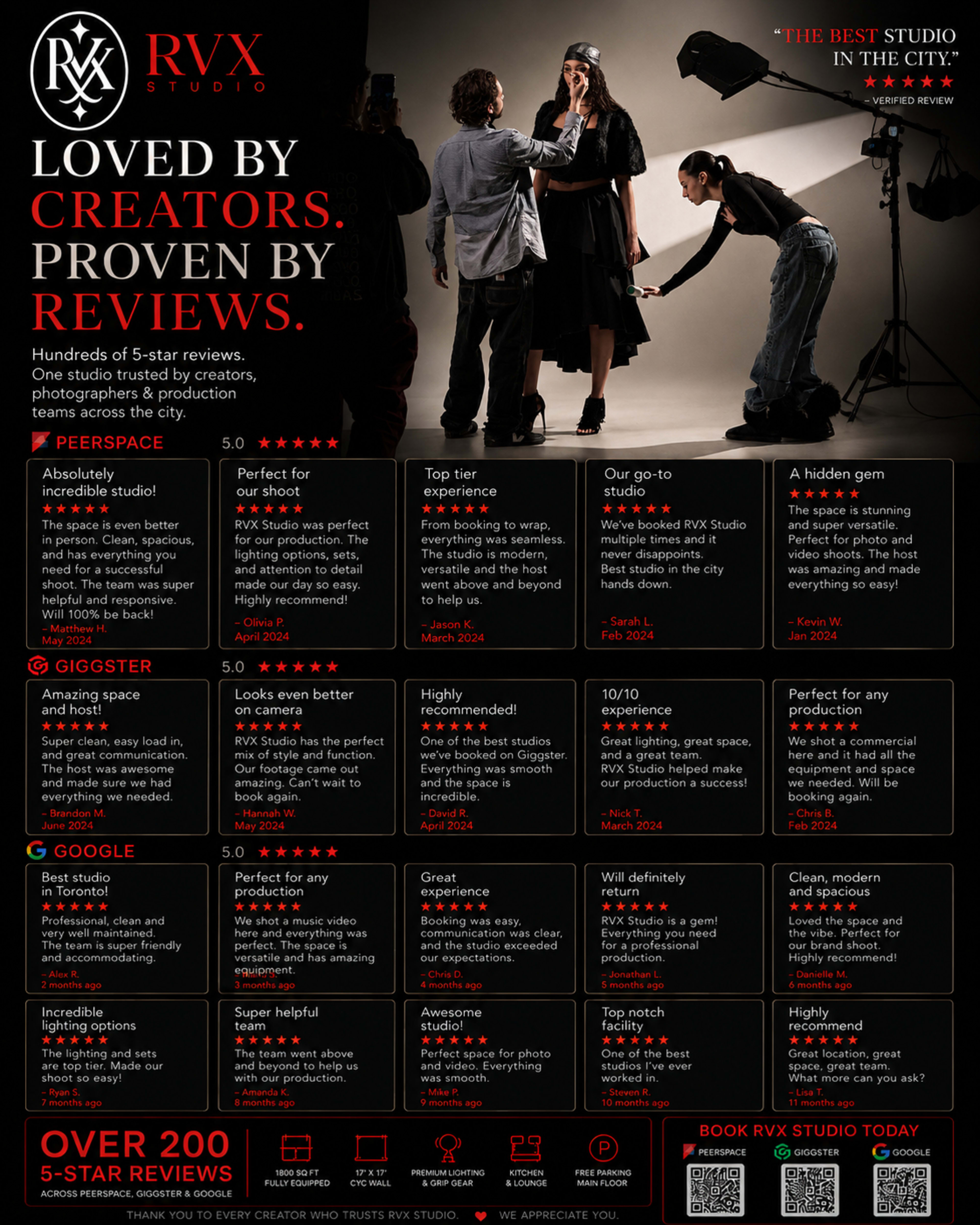 The image features an advertisement for RVX Studio, showcasing various positive reviews from clients and emphasizing their reputation as a trusted studio for creators, photographers, and production teams.
