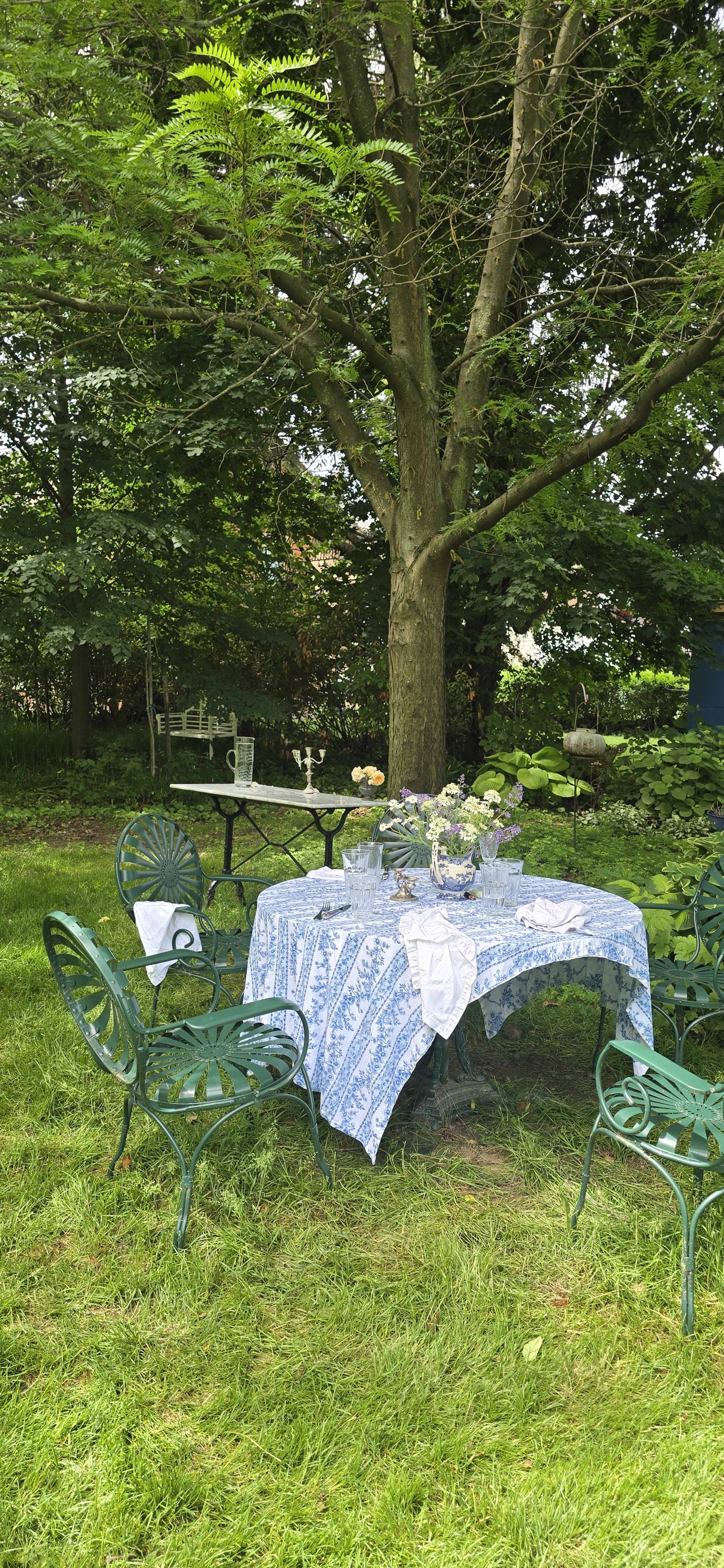 A table covered with a blue and white patterned cloth is set in a grassy area under a tree, surrounded by green metal chairs.