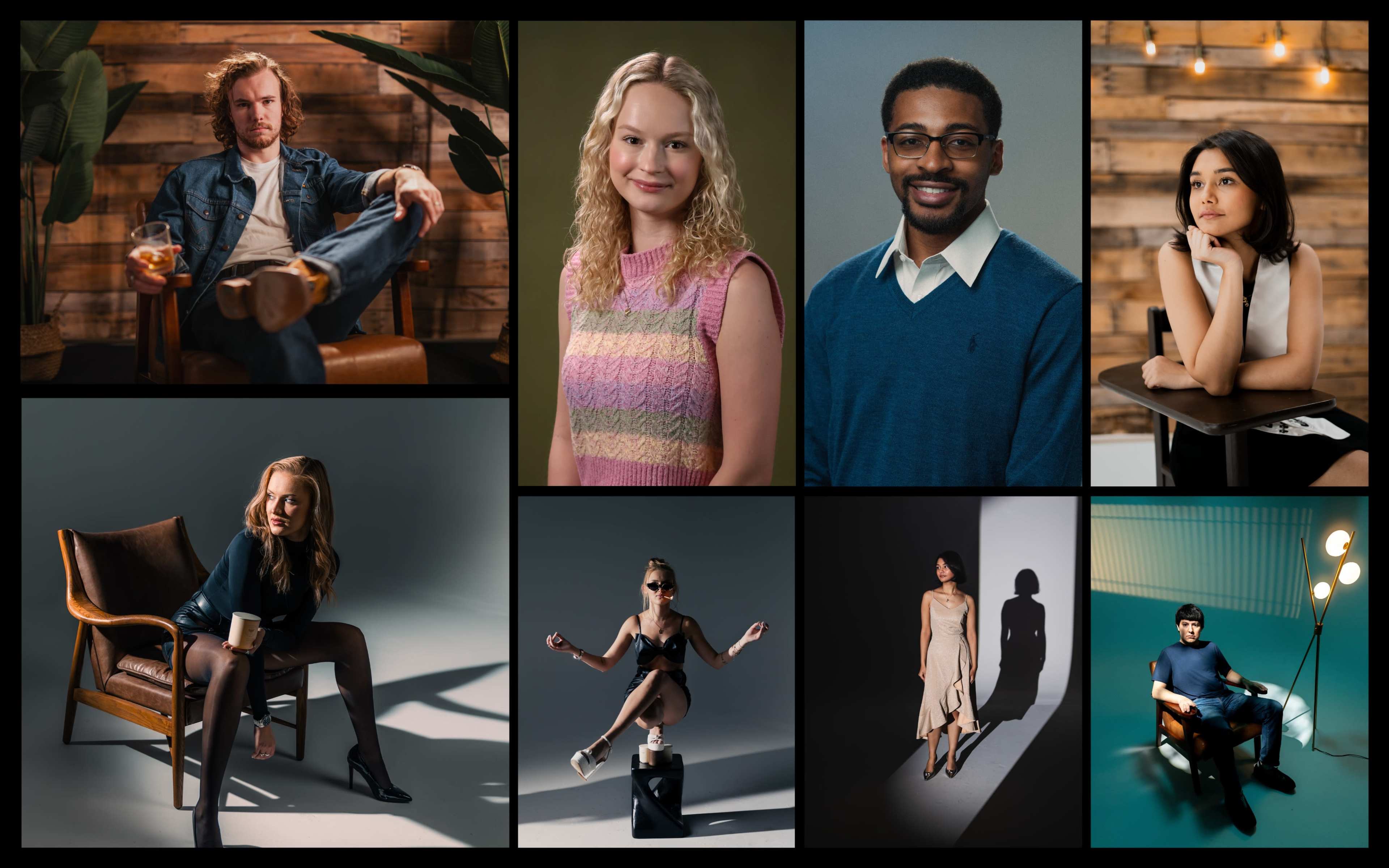 The image features a collage of eight portraits with diverse individuals posed in various settings, showcasing different styles and expressions.