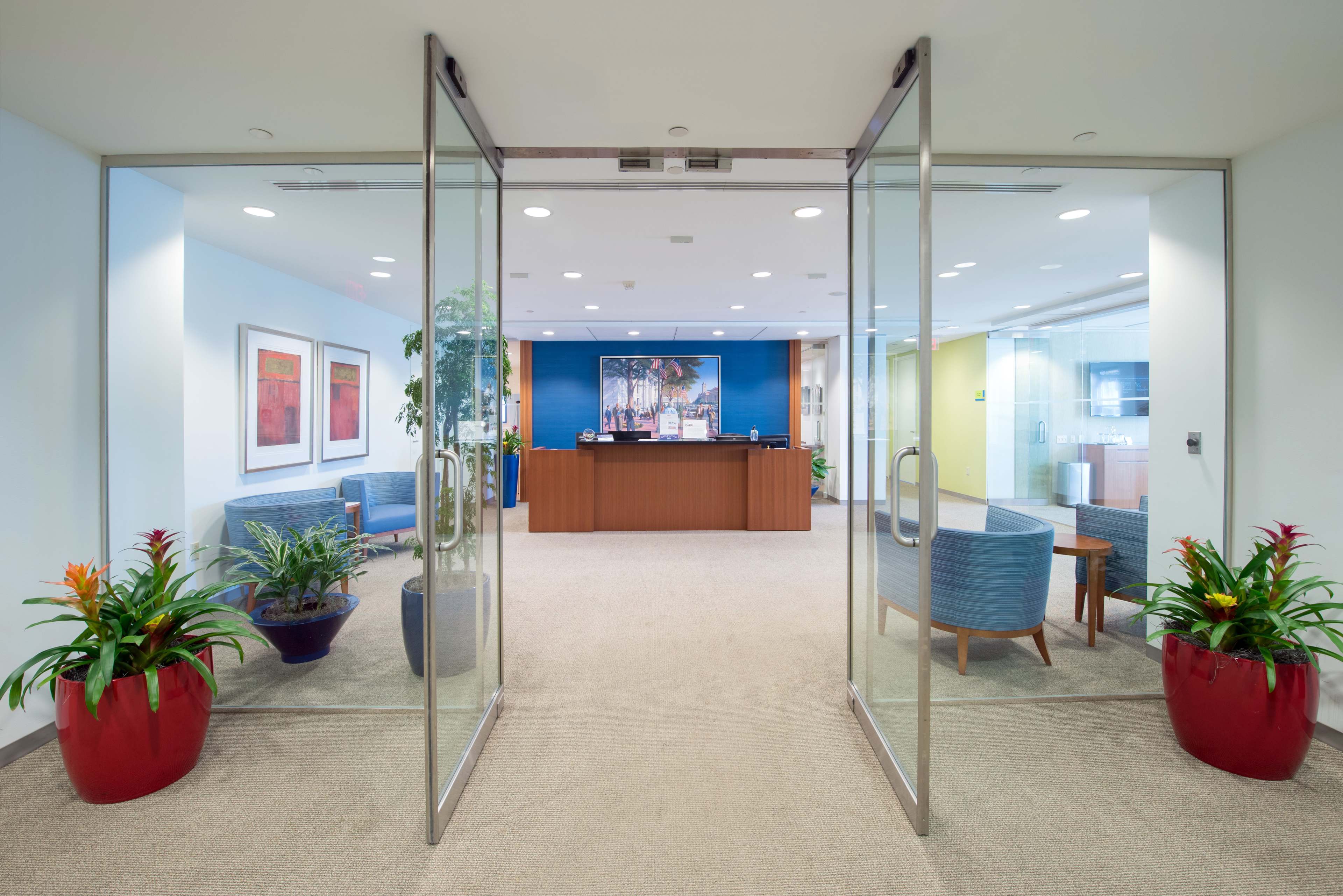 A modern office reception area with glass double doors, carpeted flooring, potted plants, and a wooden reception desk in the background.