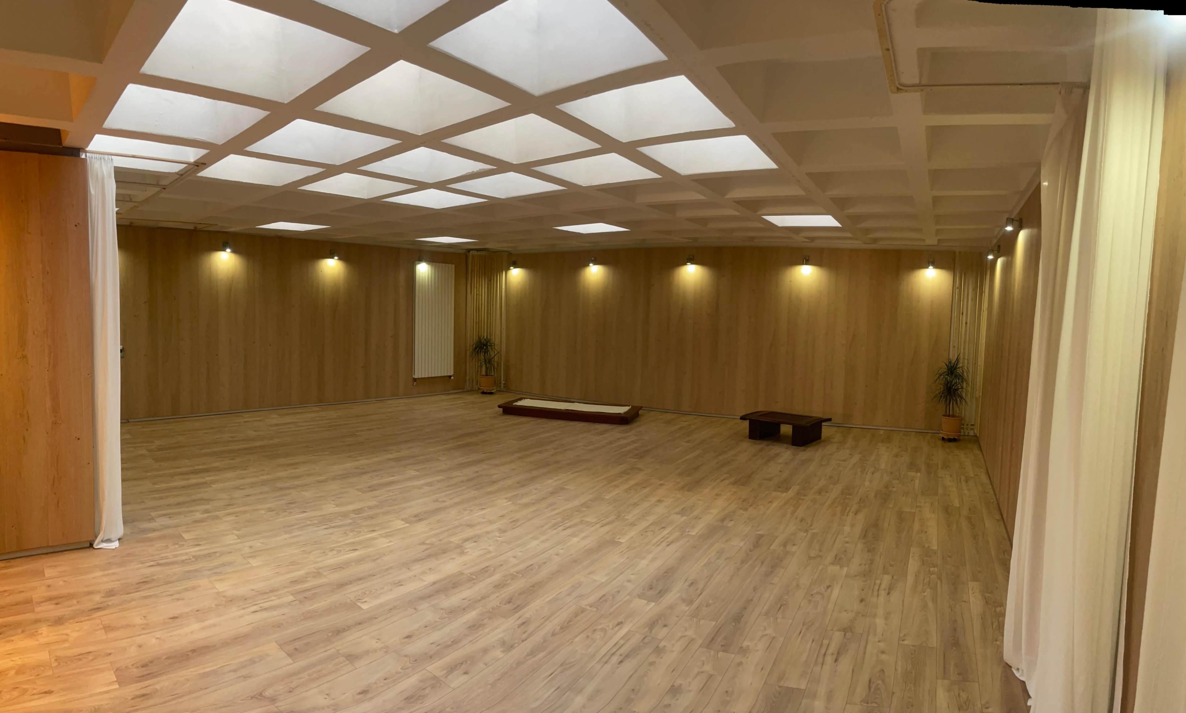 The image shows a spacious room with wooden walls and flooring, featuring a coffered ceiling with skylights and minimal lighting along the walls.