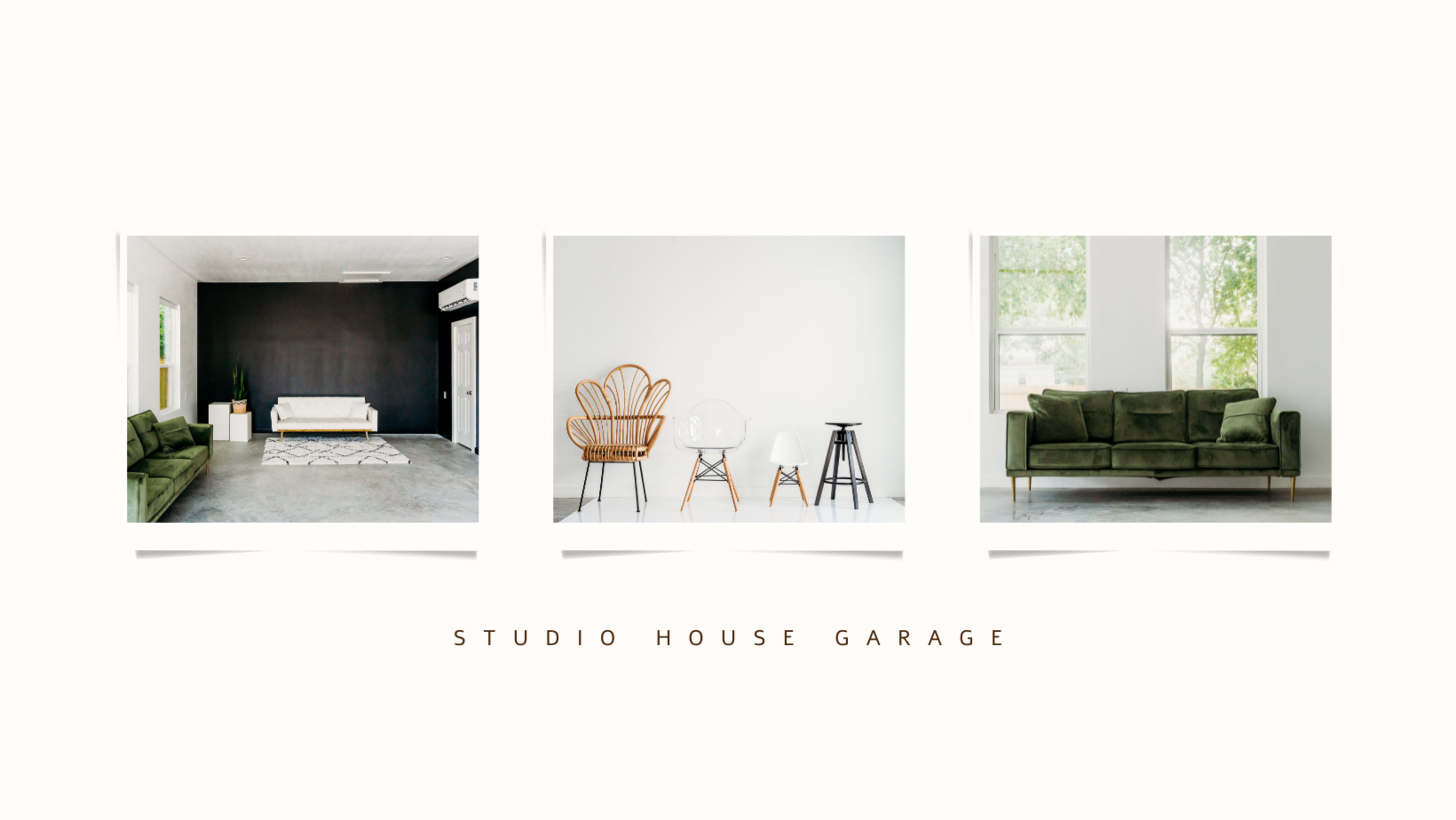 Three photos of stylishly arranged interiors: a living room with a dark wall and a light sofa, a seating area with a rattan chair and minimalist table, and another living room with a green sofa beside large windows.