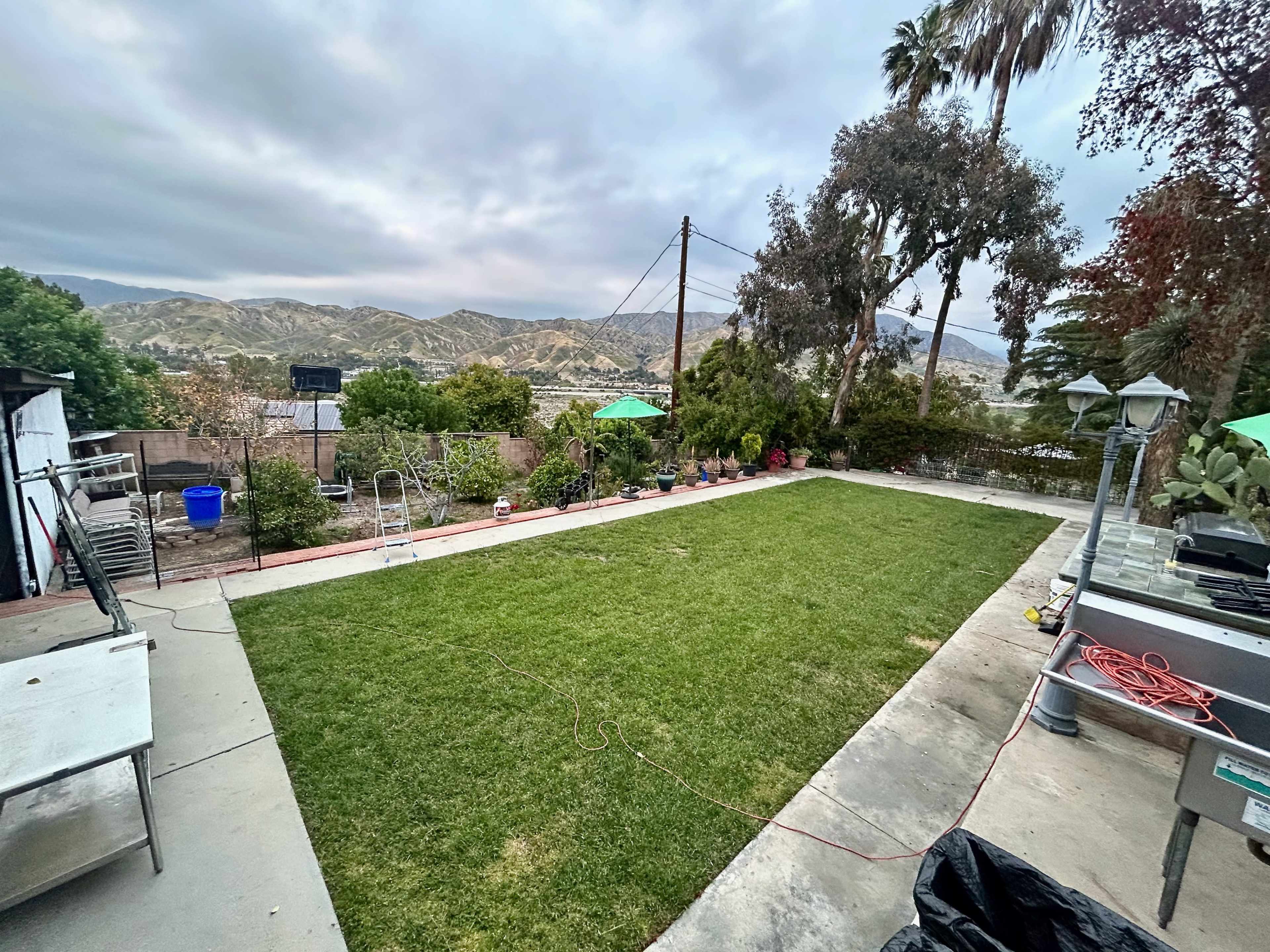 A large backyard features a green lawn with mountains in the background and various plants, along with patio furniture and equipment on the sides.