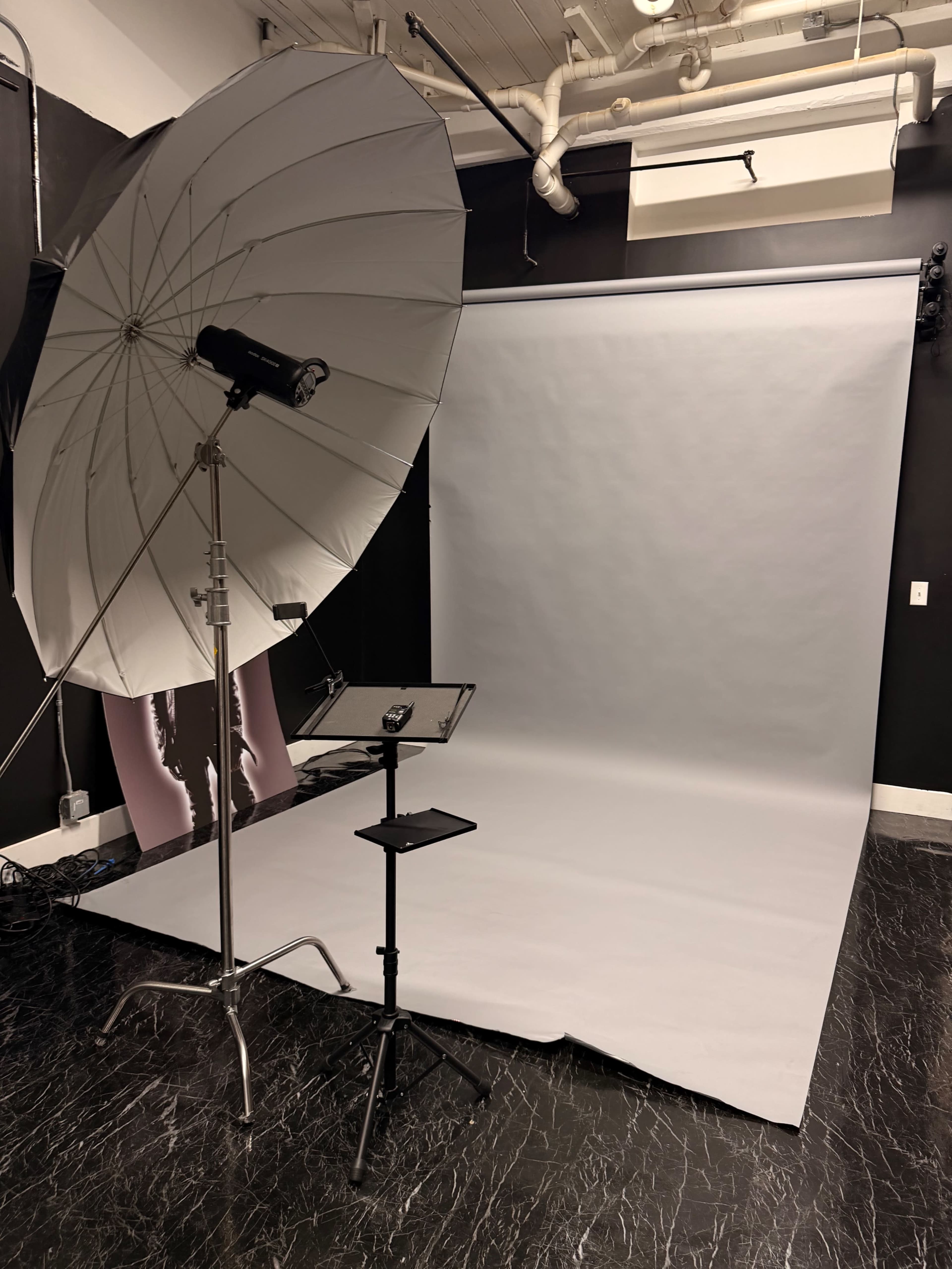 The image shows a photography studio setup with a large softbox light, a light stand, and a plain gray backdrop.