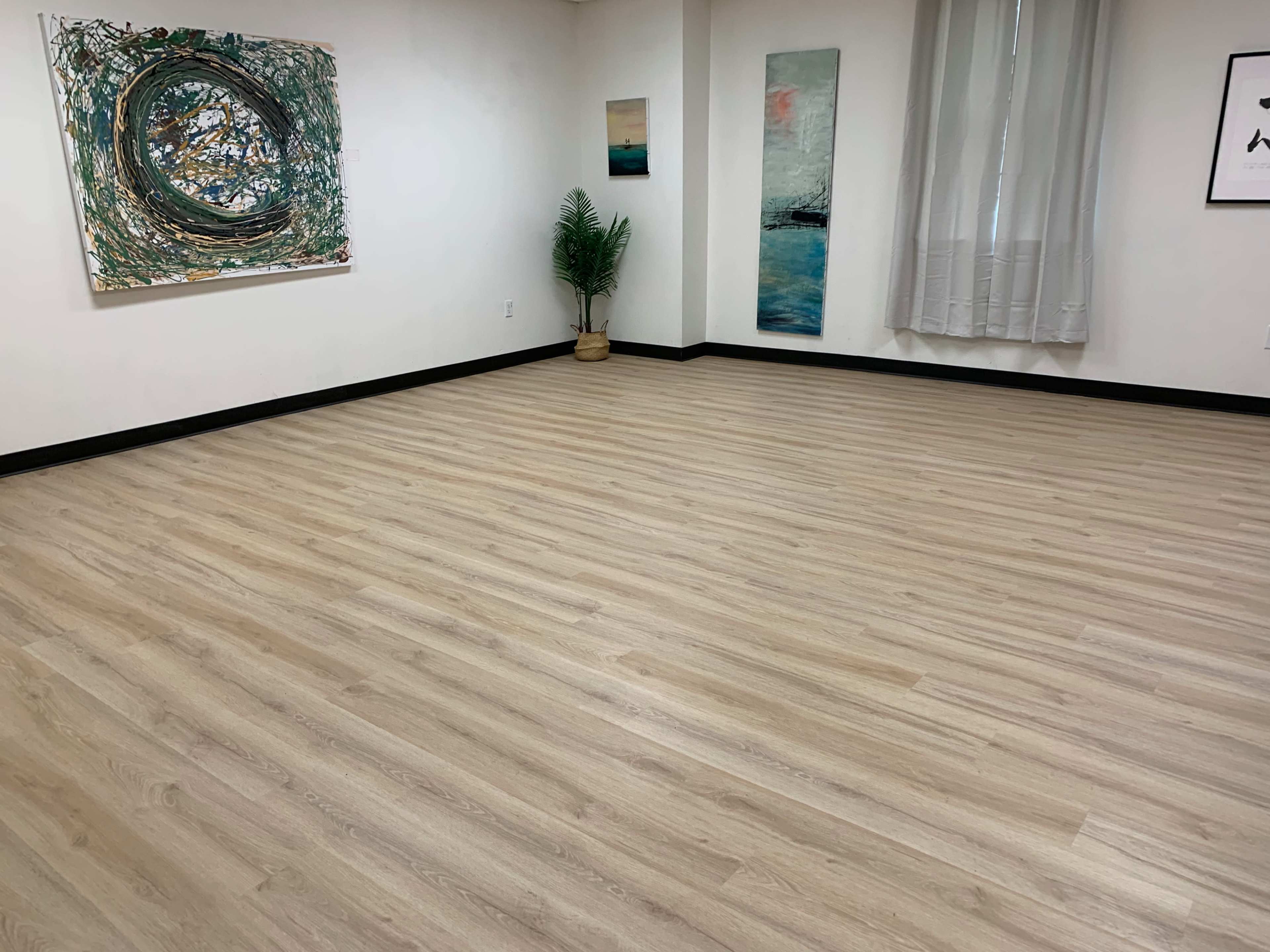 The image shows a spacious, empty room with light wooden flooring, two wall art pieces, and a potted plant in one corner.