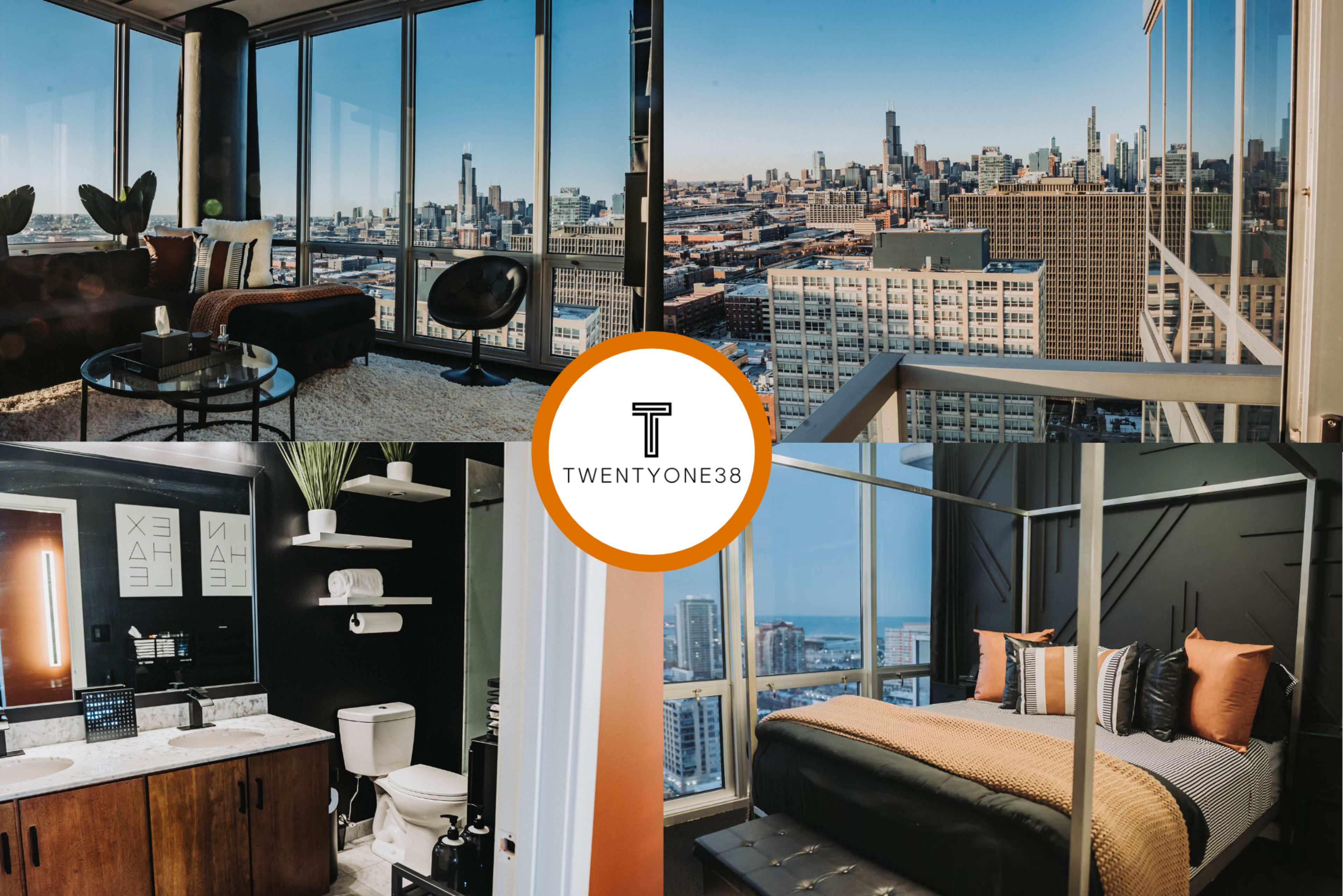 The image showcases a modern apartment with large windows offering views of a city skyline, featuring a stylish living area, a sleek bathroom, and a well-decorated bedroom.