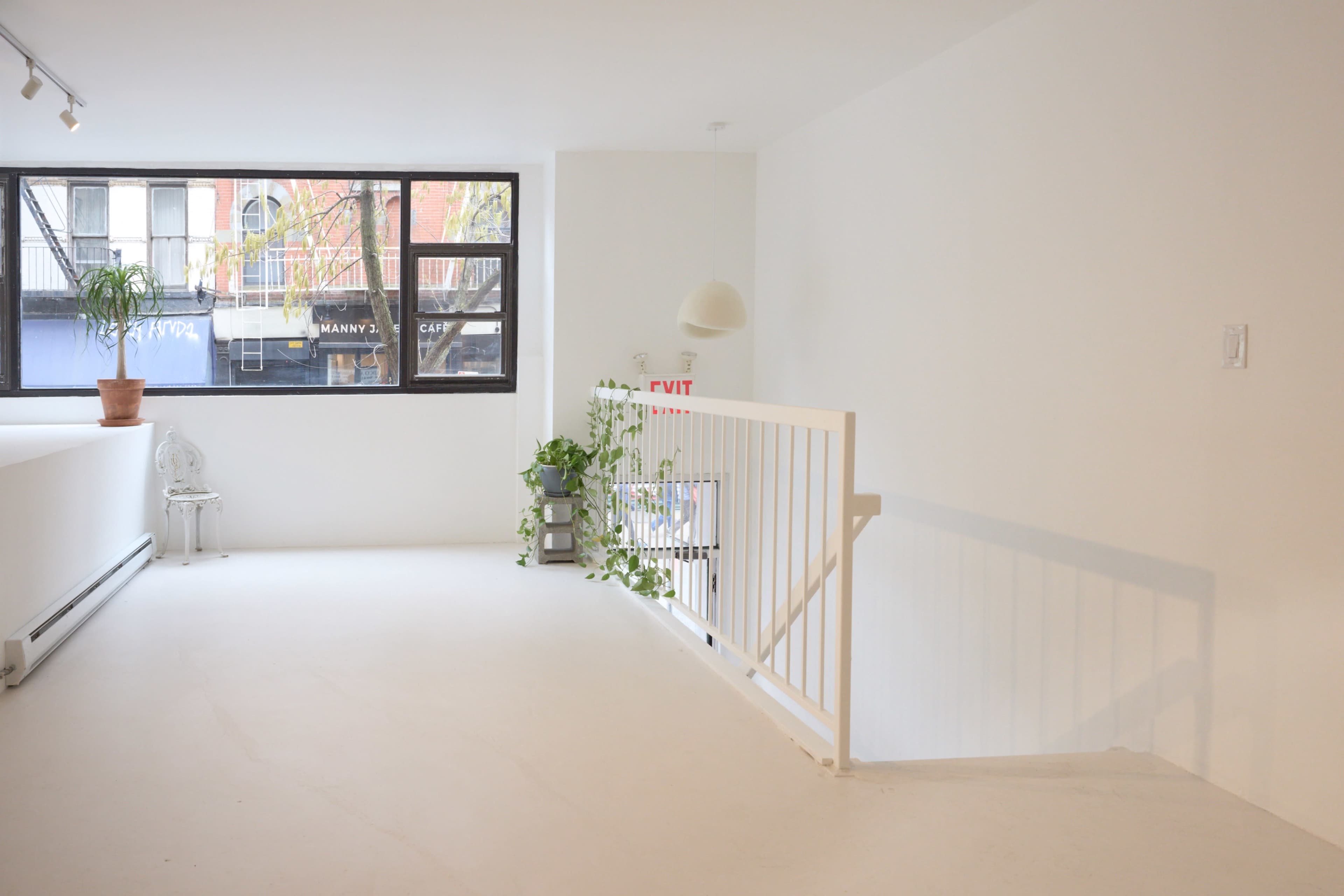 A bright, minimalist interior space with white walls, a large window, and plants placed around a railing.