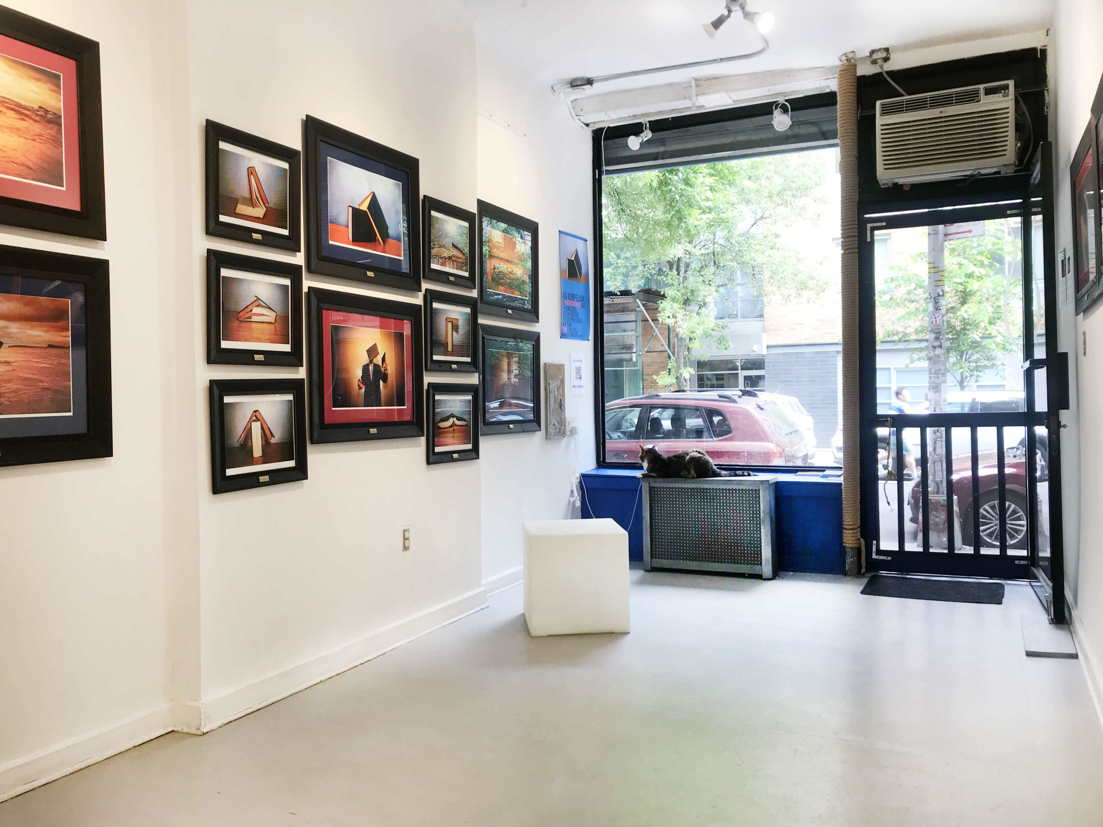 The image depicts a gallery interior with framed photographs on the walls, a white bench in the center, and large windows showing a view of the street outside.