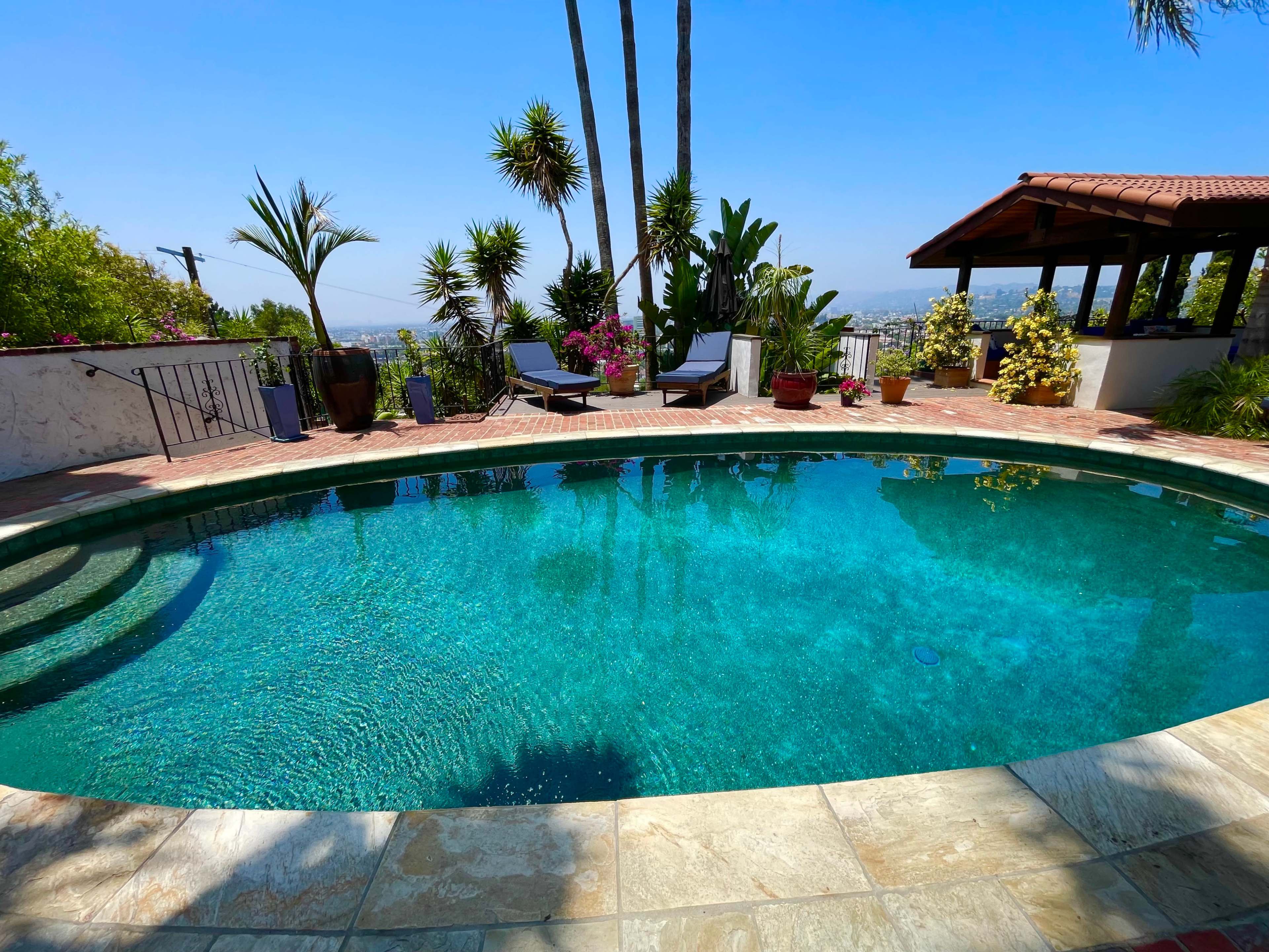 A clear swimming pool is surrounded by lush greenery and tropical plants, with a patio and view of the city in the background.