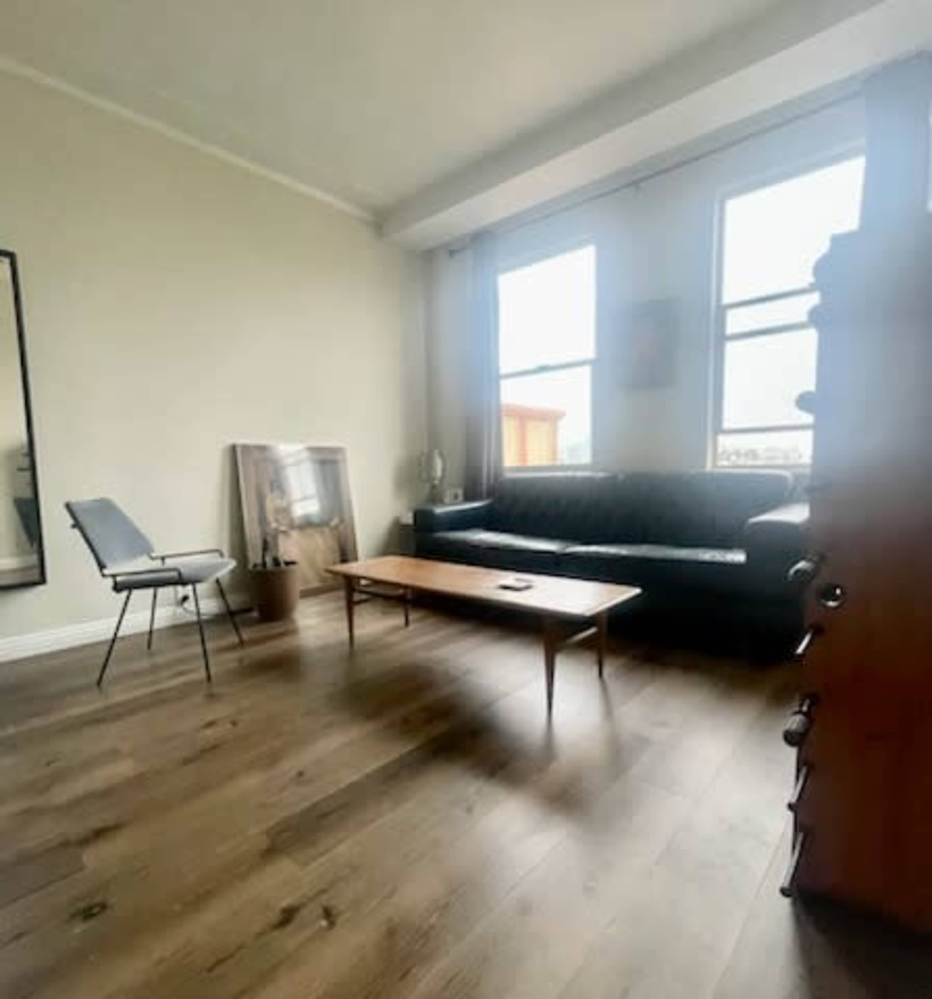 The room features a black sofa facing a wooden coffee table, with a chair nearby and large windows letting in natural light.