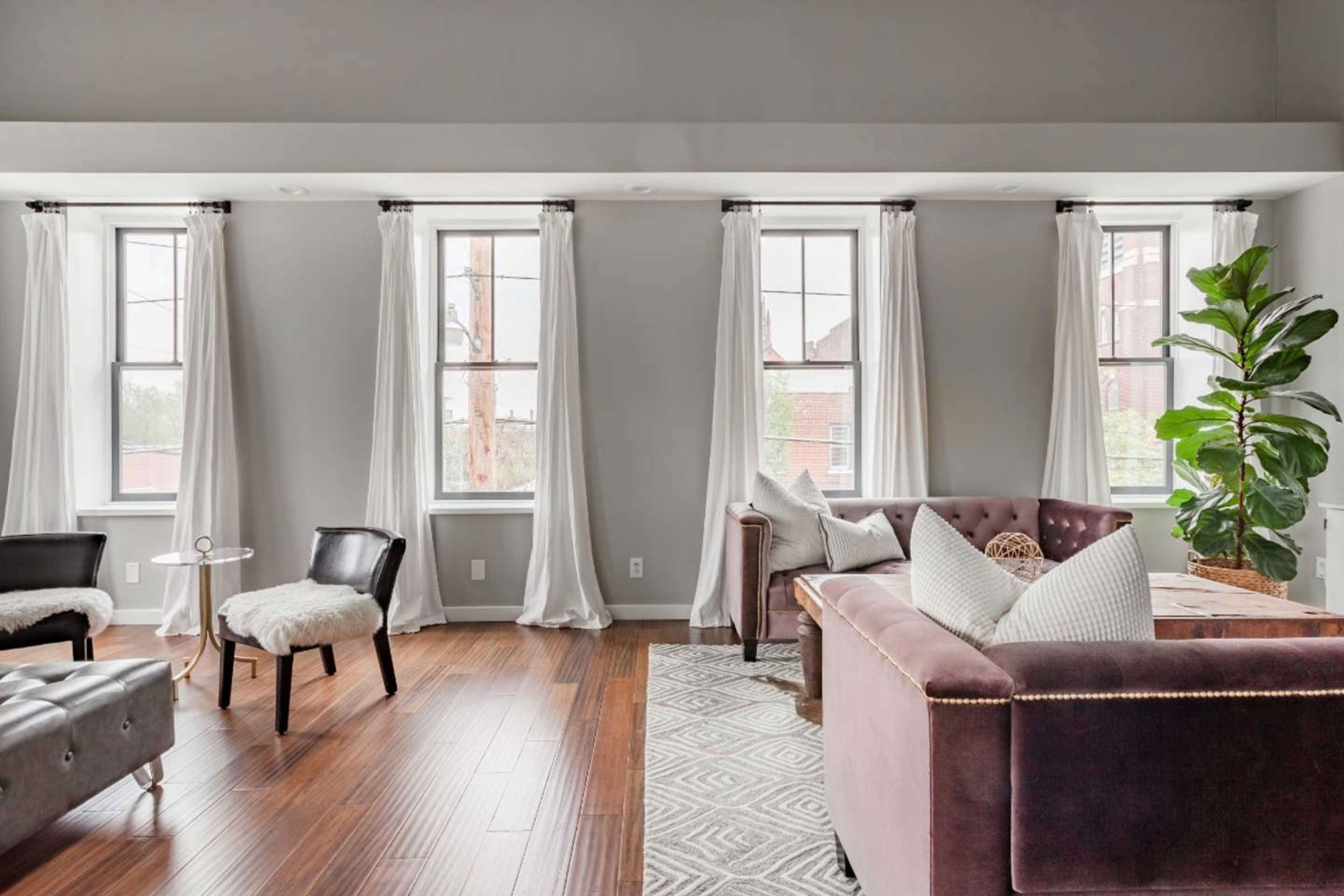The room features large windows with white curtains, a dark leather sofa, a patterned rug, and a decorative plant in the corner.