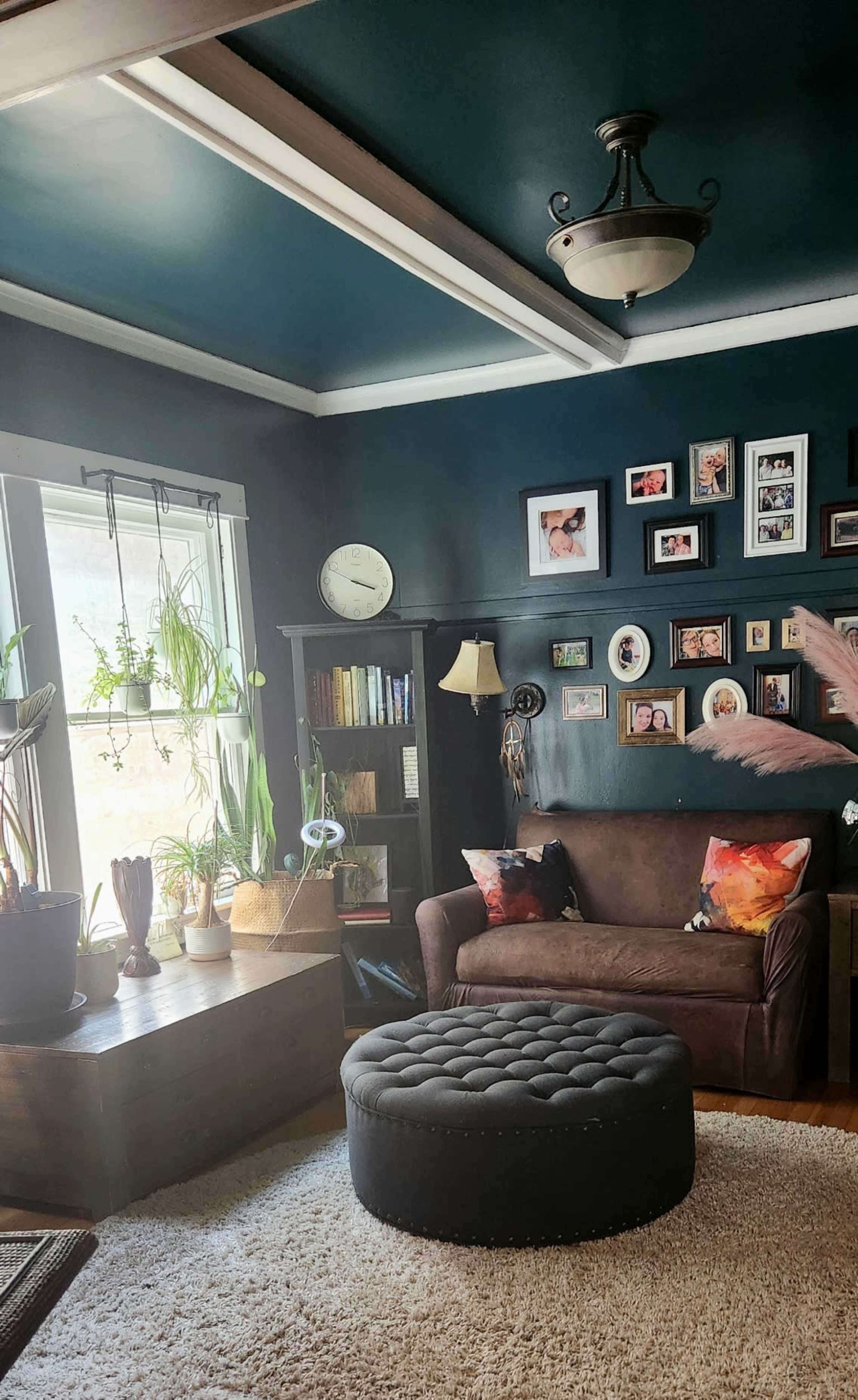 The living room features a dark green wall, a brown sofa with colorful pillows, and a round ottoman, surrounded by decorative plants and framed photos.