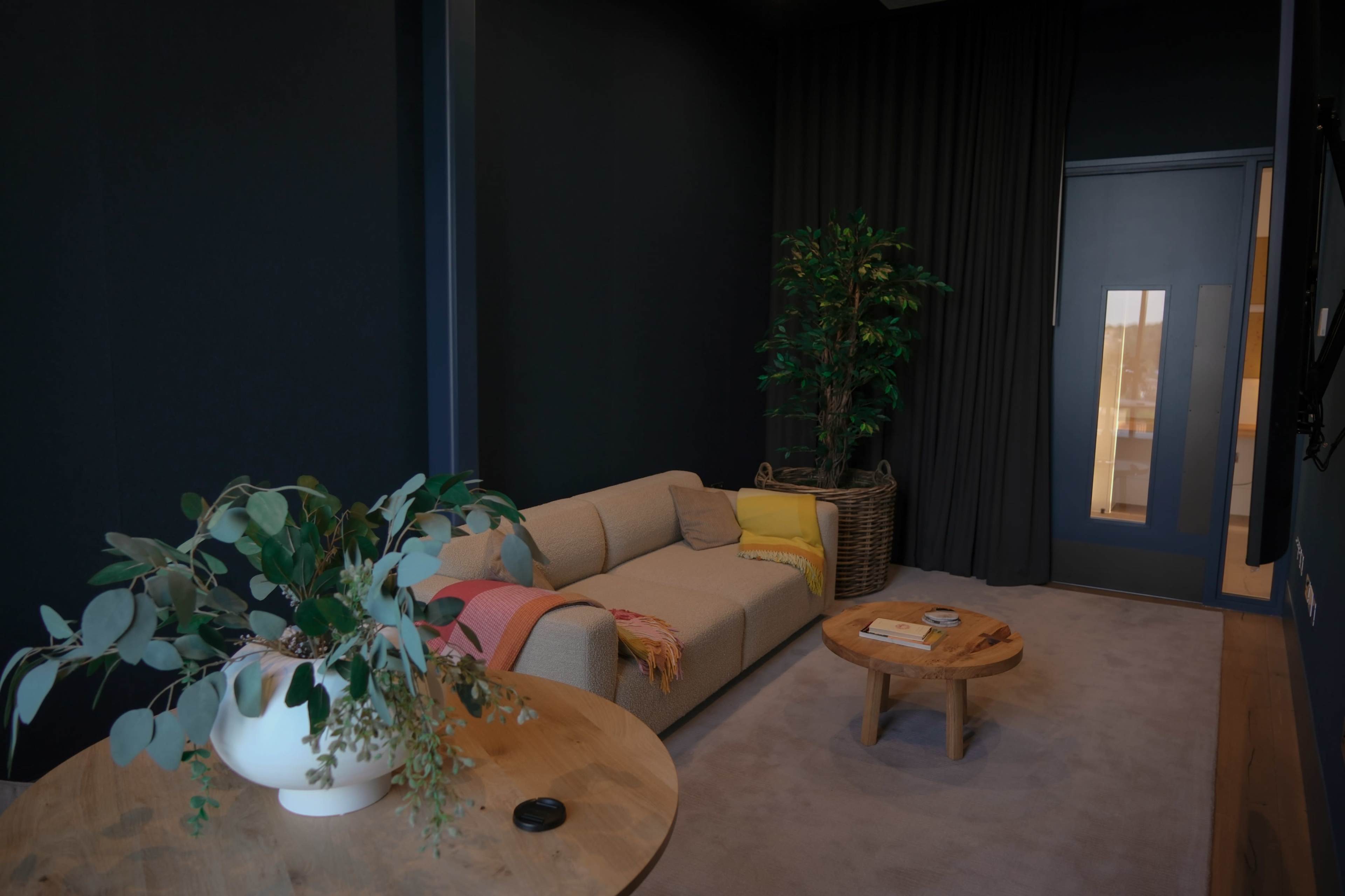 A cozy living room with a beige sofa, a wooden coffee table, and a large potted plant against a dark wall.
